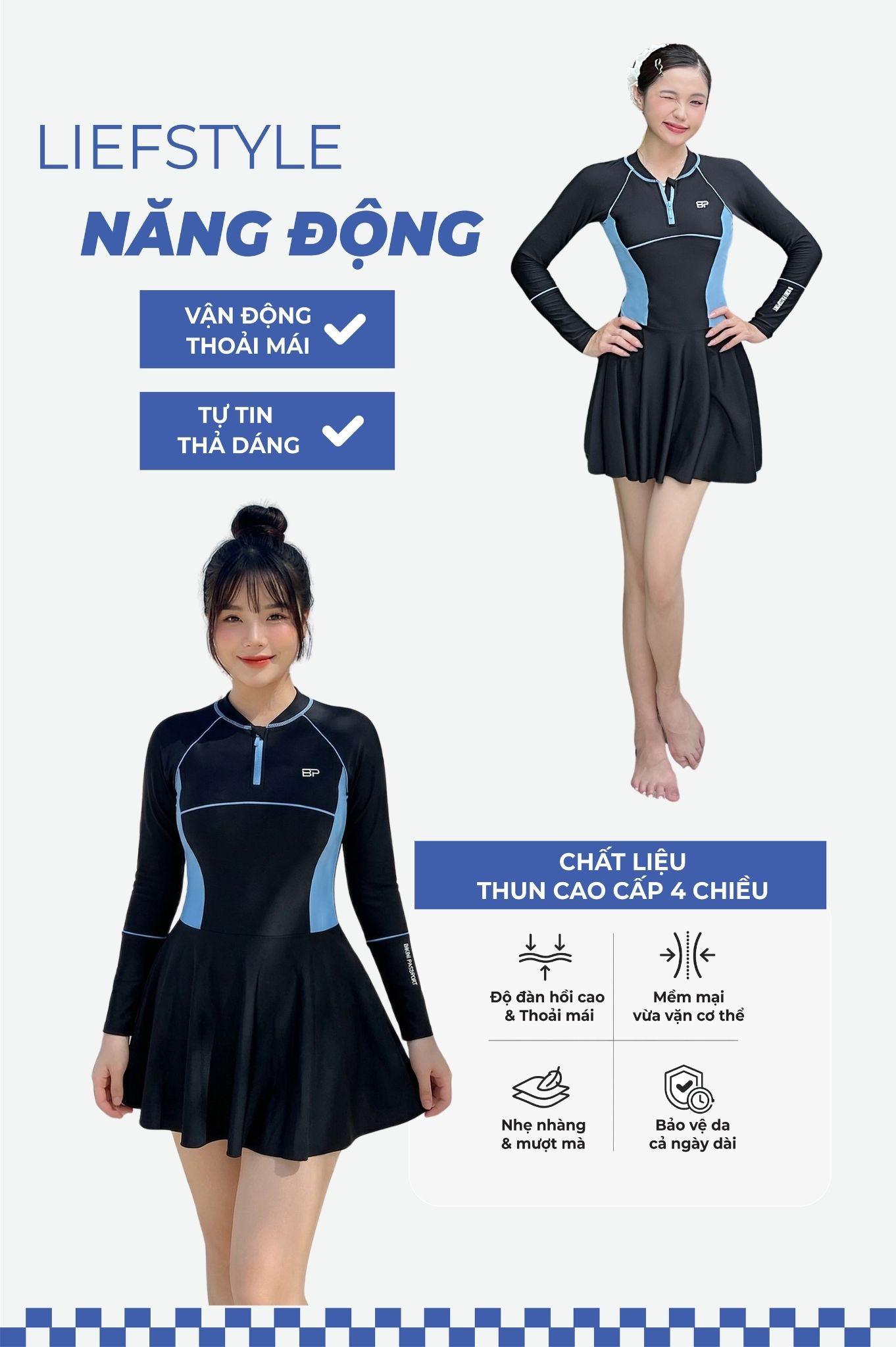 Đồ bơi BIKINI PASSPORT một mảnh liền thân 4 kim - Đen Xanh