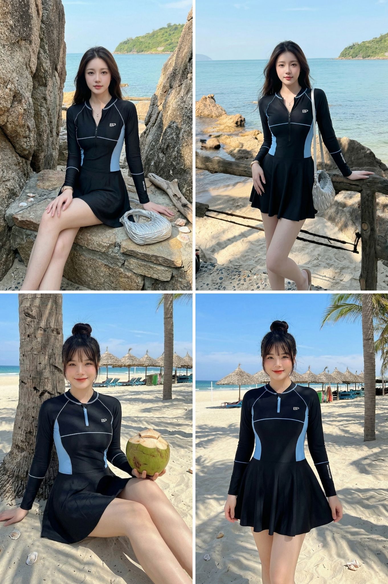 Đồ bơi BIKINI PASSPORT một mảnh liền thân 4 kim - Đen Xanh