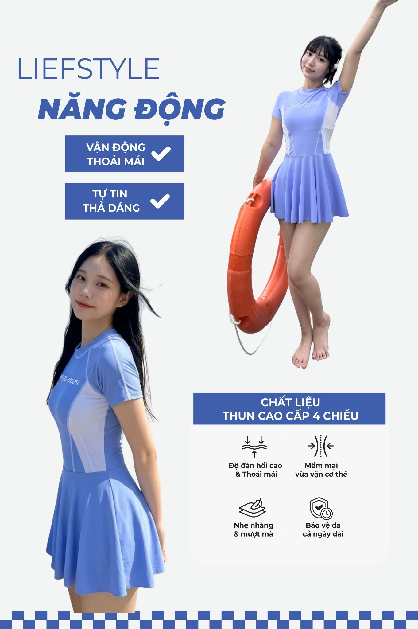 Đồ bơi BIKINI PASSPORT một mảnh váy tay ngắn Logo - Xanh Trắng