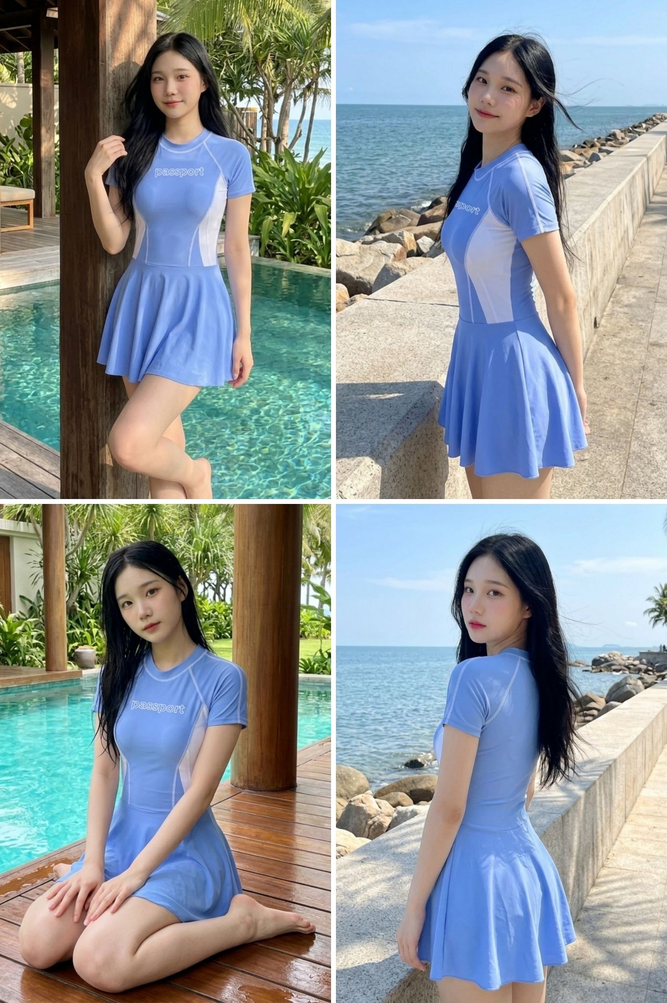 Đồ bơi BIKINI PASSPORT một mảnh váy tay ngắn Logo - Xanh Trắng