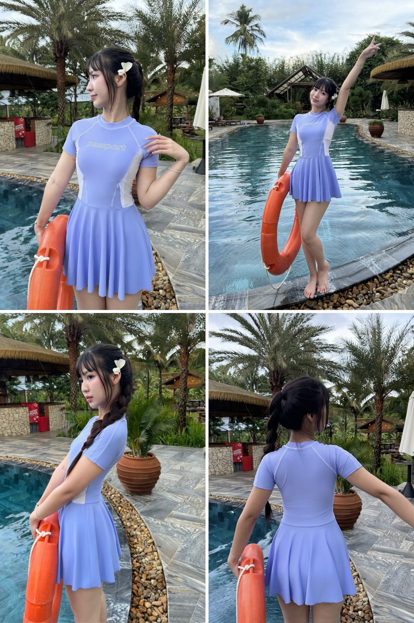 Đồ bơi BIKINI PASSPORT một mảnh váy tay ngắn Logo - Xanh Trắng