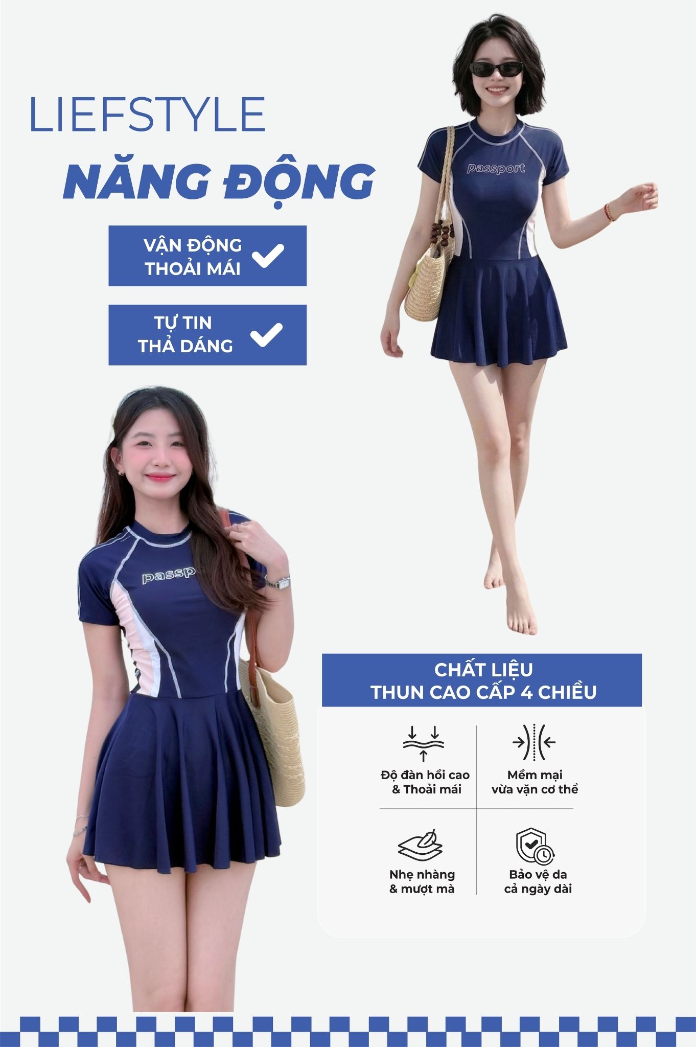 Đồ bơi BIKINI PASSPORT một mảnh váy tay ngắn Logo - Xanh Xám