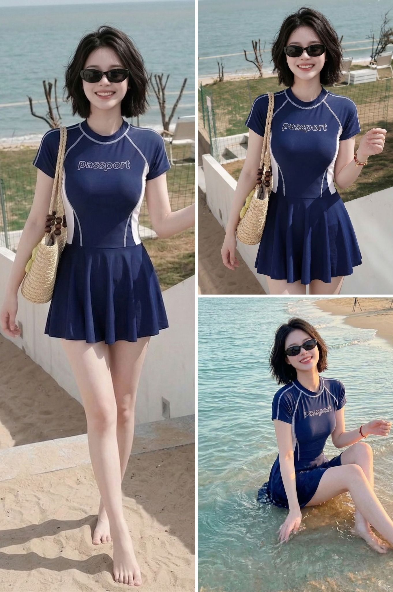 Đồ bơi BIKINI PASSPORT một mảnh váy tay ngắn Logo - Xanh Xám