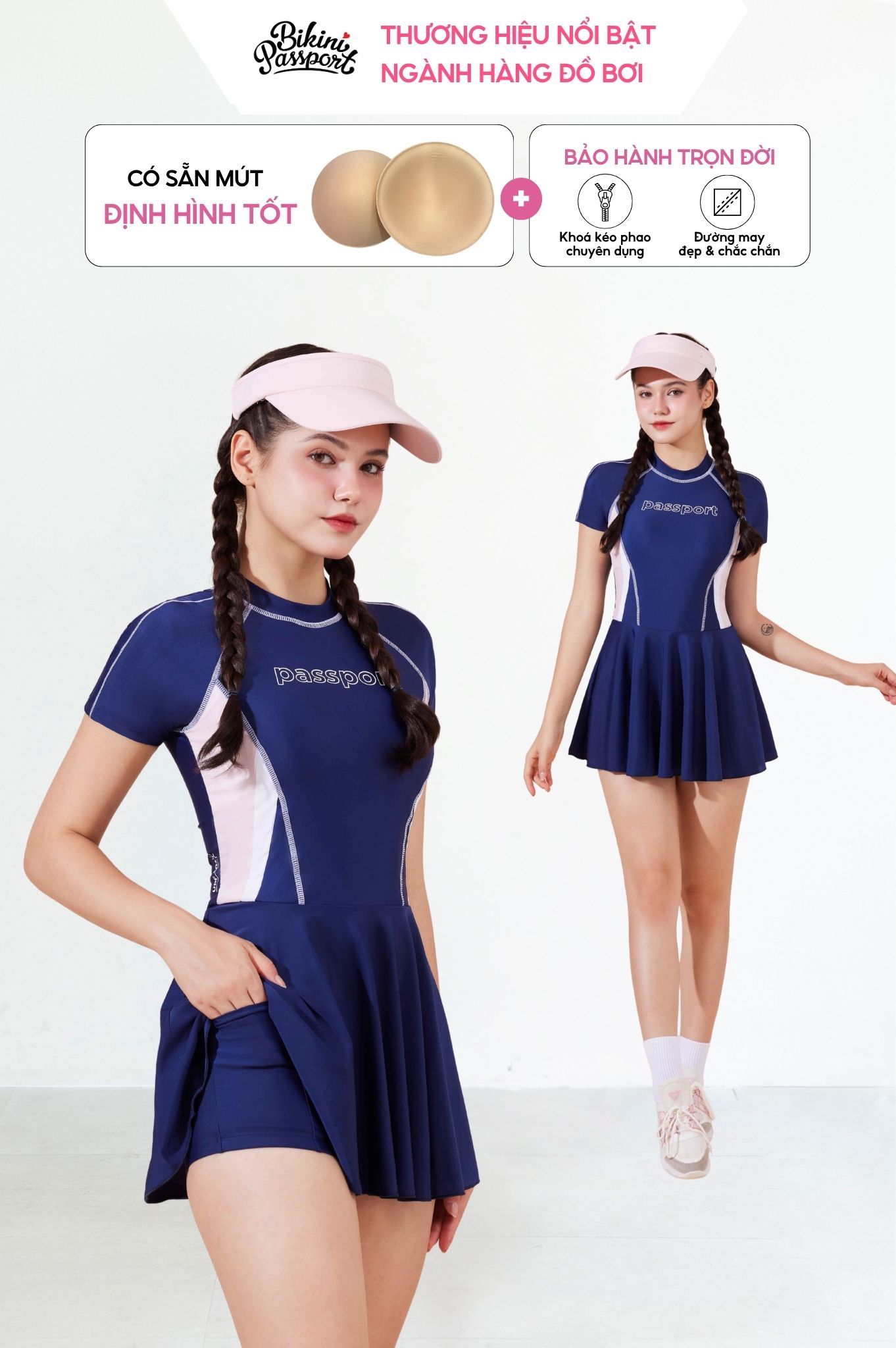 Đồ bơi BIKINI PASSPORT một mảnh váy tay ngắn Logo - Xanh Xám