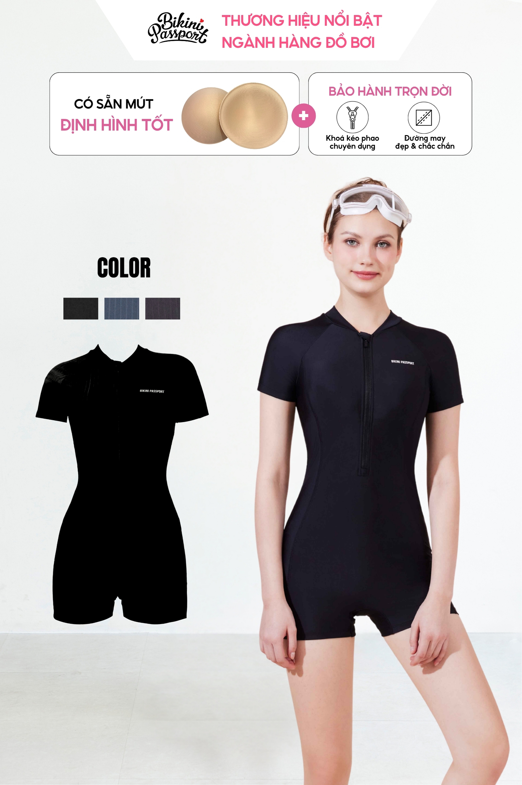 Đồ bơi NỮ kiểu Một mảnh quần short, áo tay ngắm có khóa - màu Đen