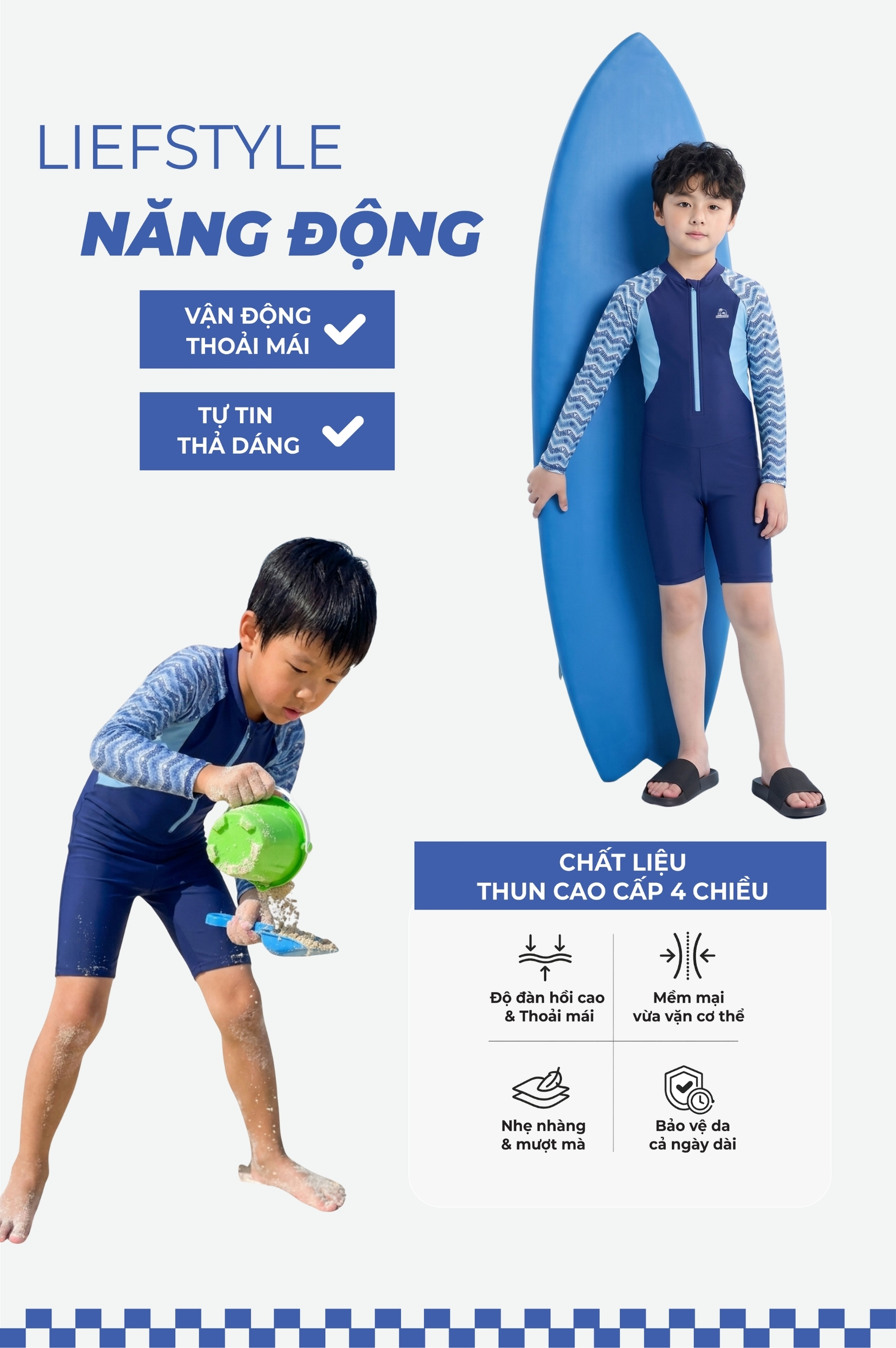 Đồ bơi Unisex cho bé tay dài phối khóa - KD050_TRI