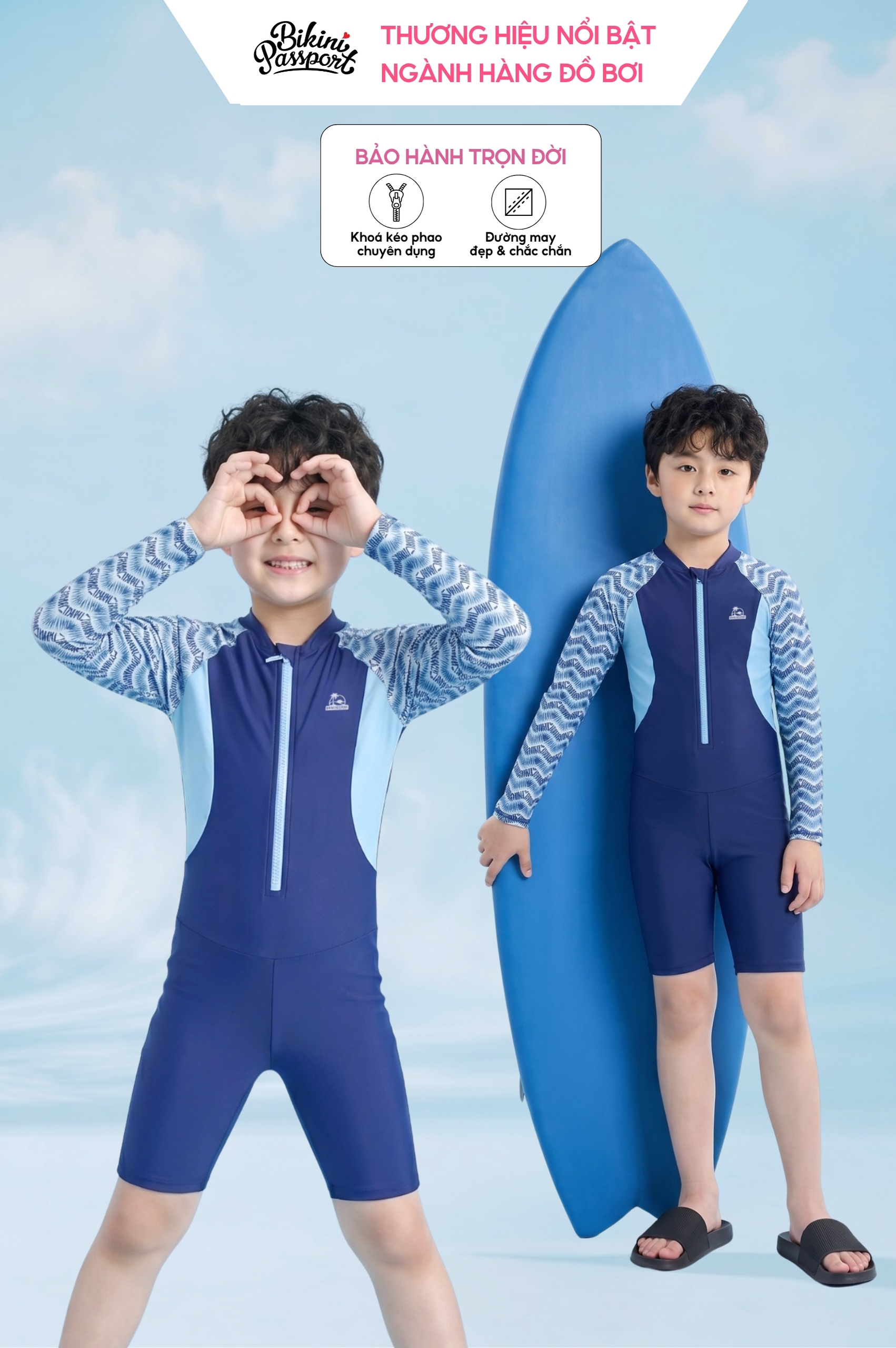 Đồ bơi Unisex cho bé tay dài phối khóa - KD050_TRI