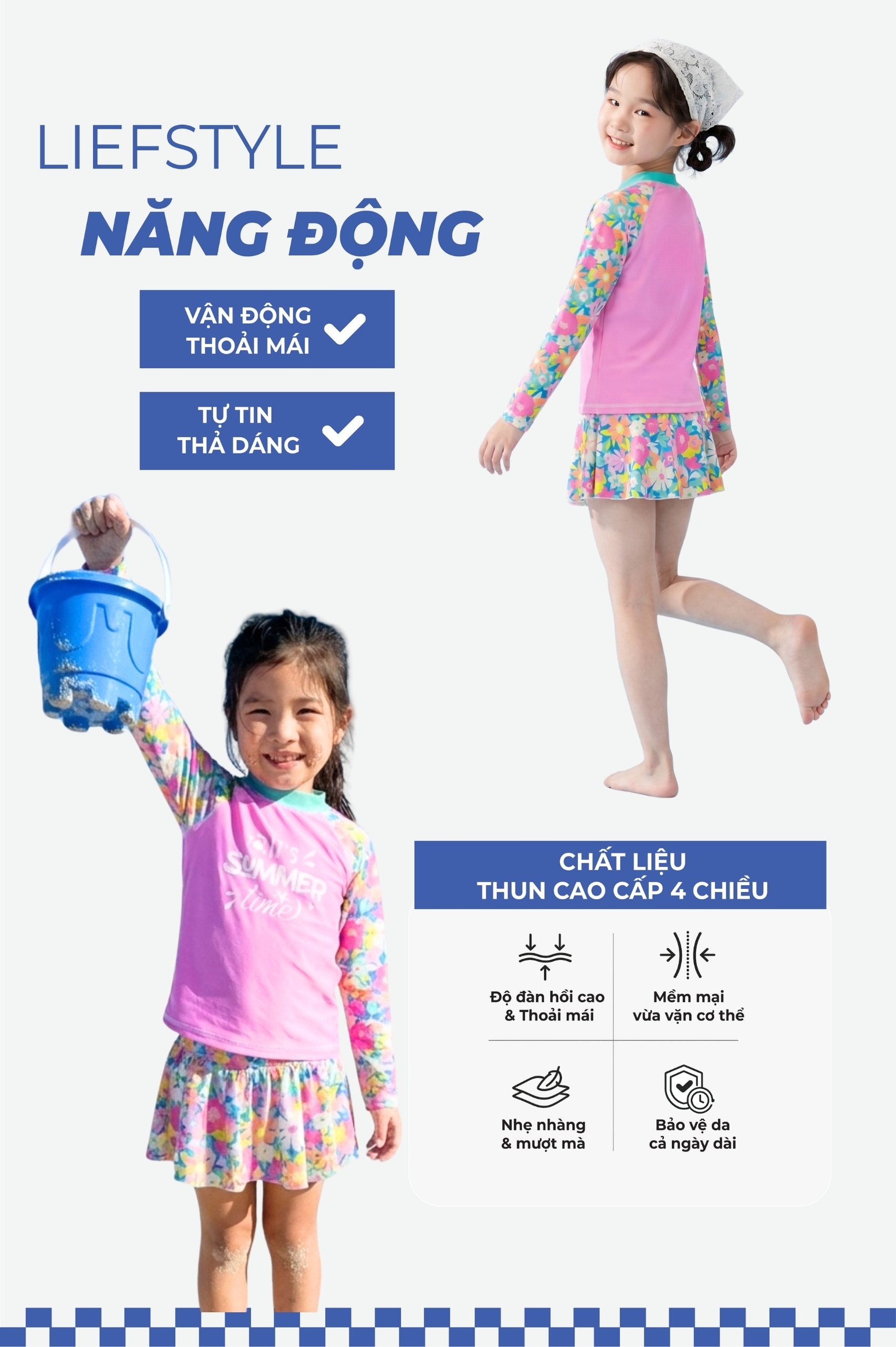 Đồ bơi bé Gái hai mảnh váy áo tay lửng - KD024_FLO