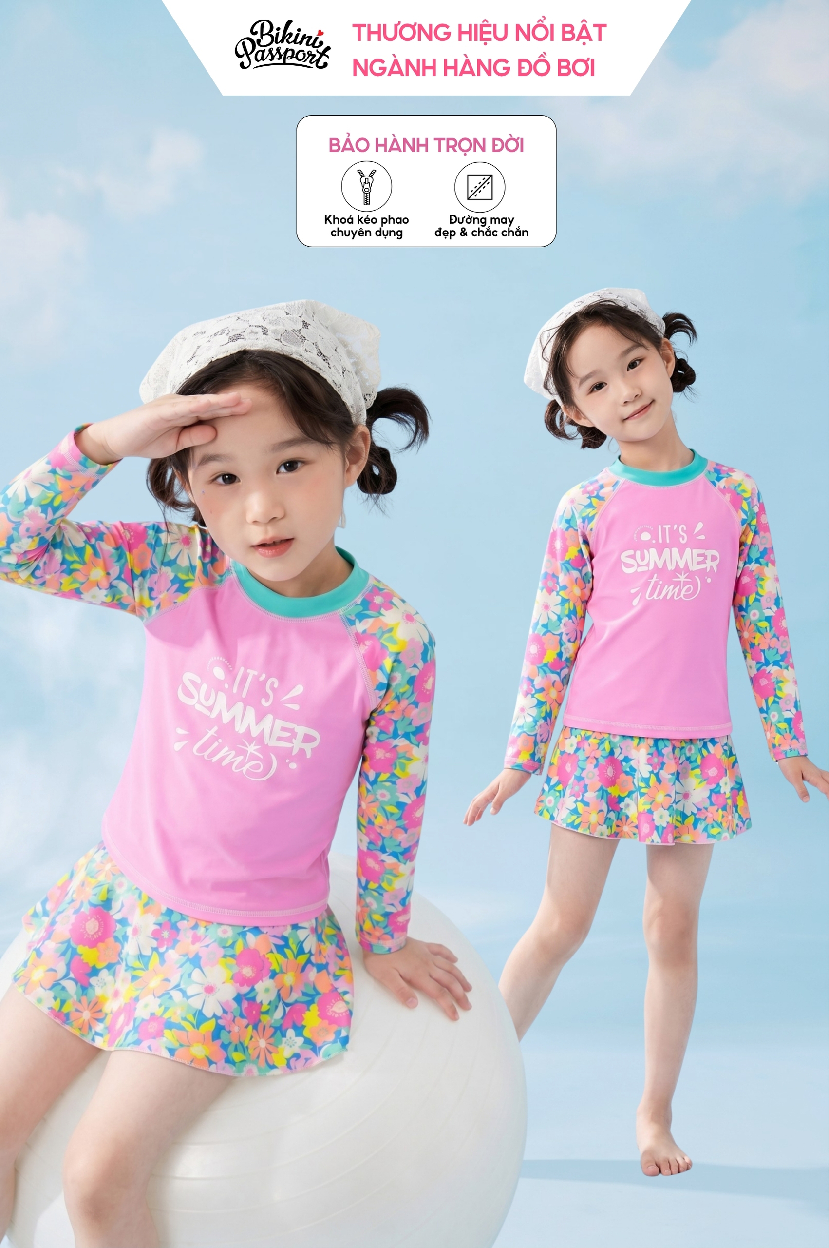 Đồ bơi bé Gái hai mảnh váy áo tay lửng - KD024_FLO