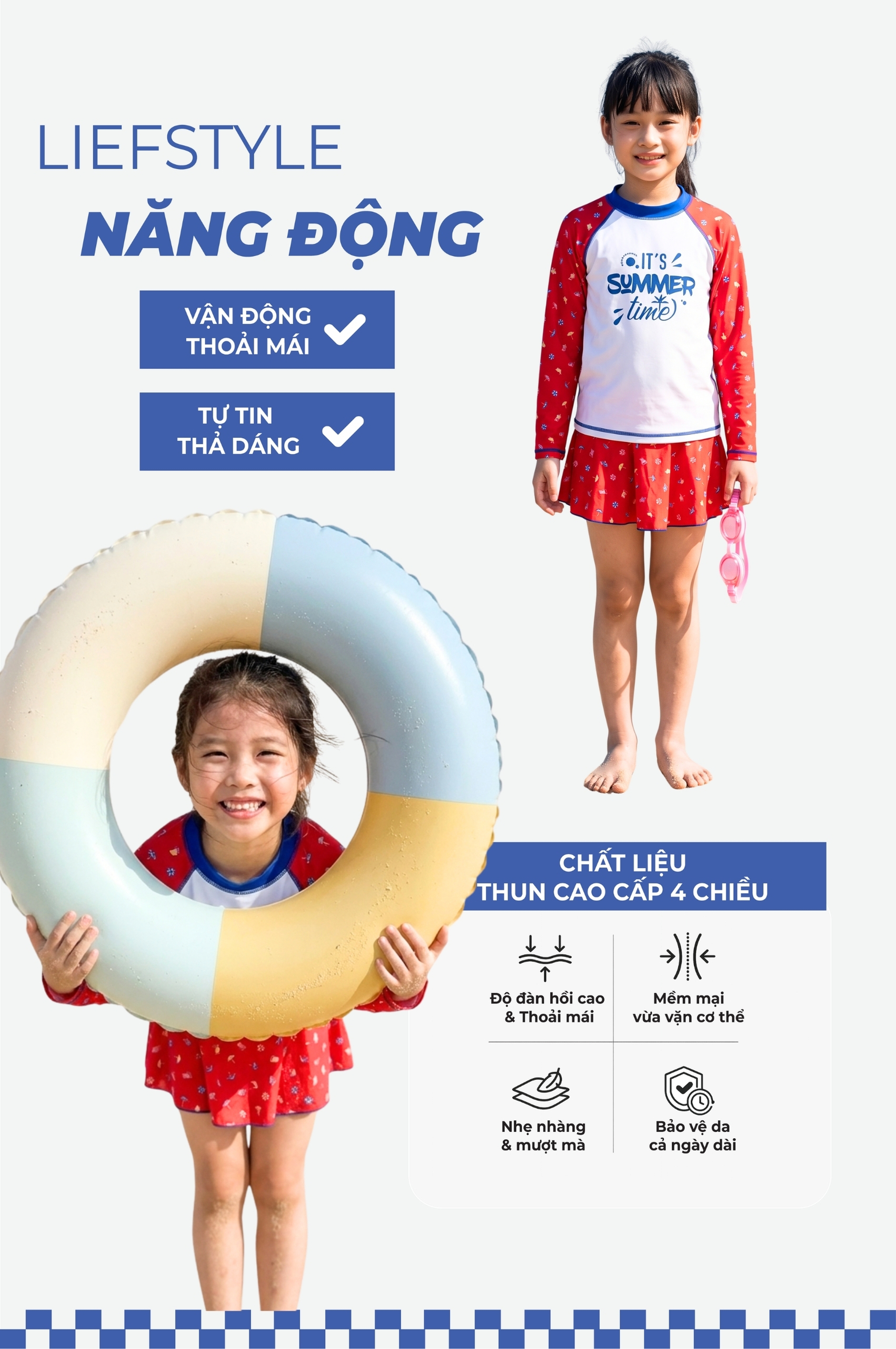 Đồ bơi bé Gái hai mảnh váy áo tay lửng - KD024_RD
