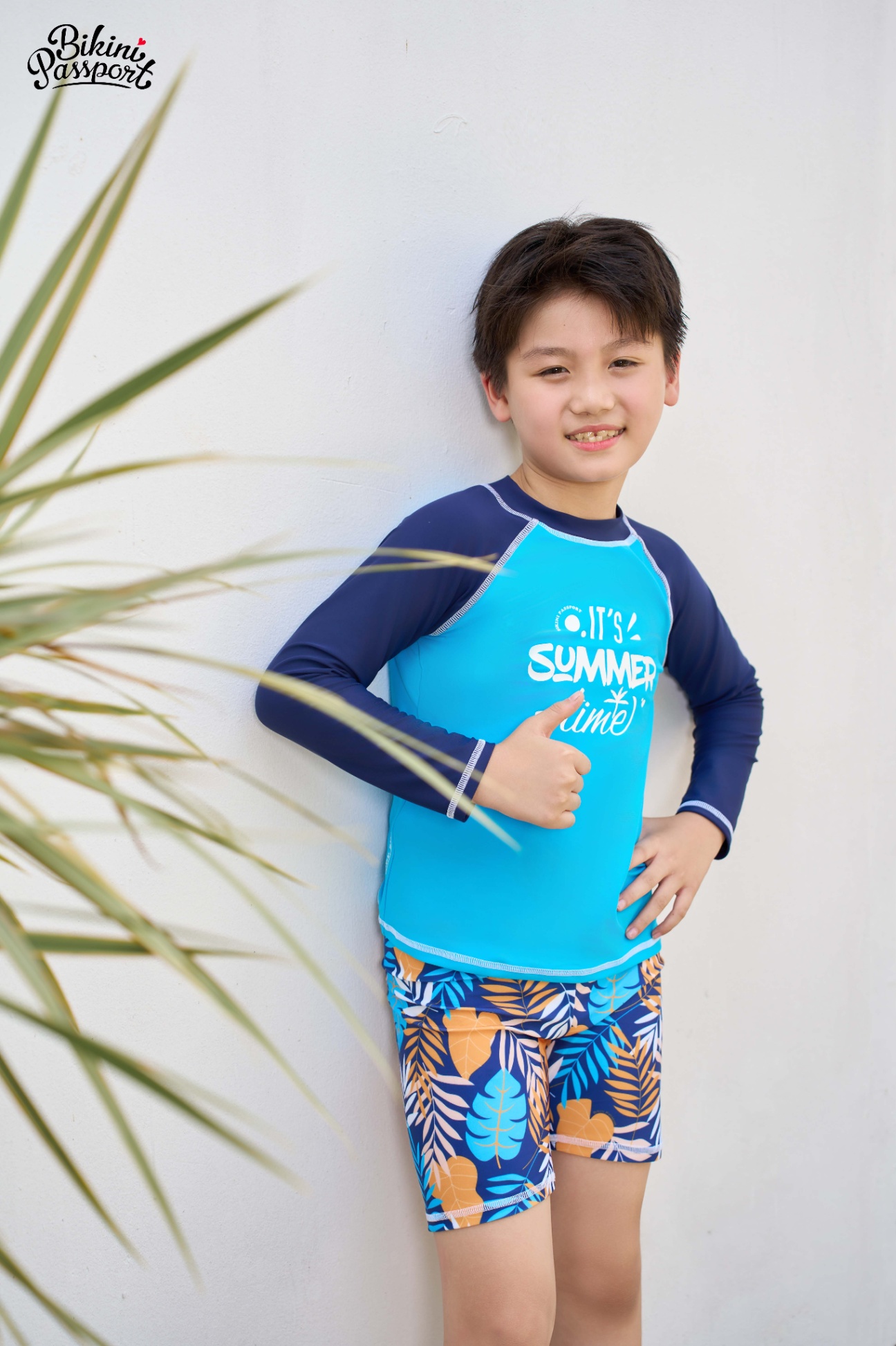Đồ bơi bé Trai quần lửng, áo dài - Xanh họa tiết