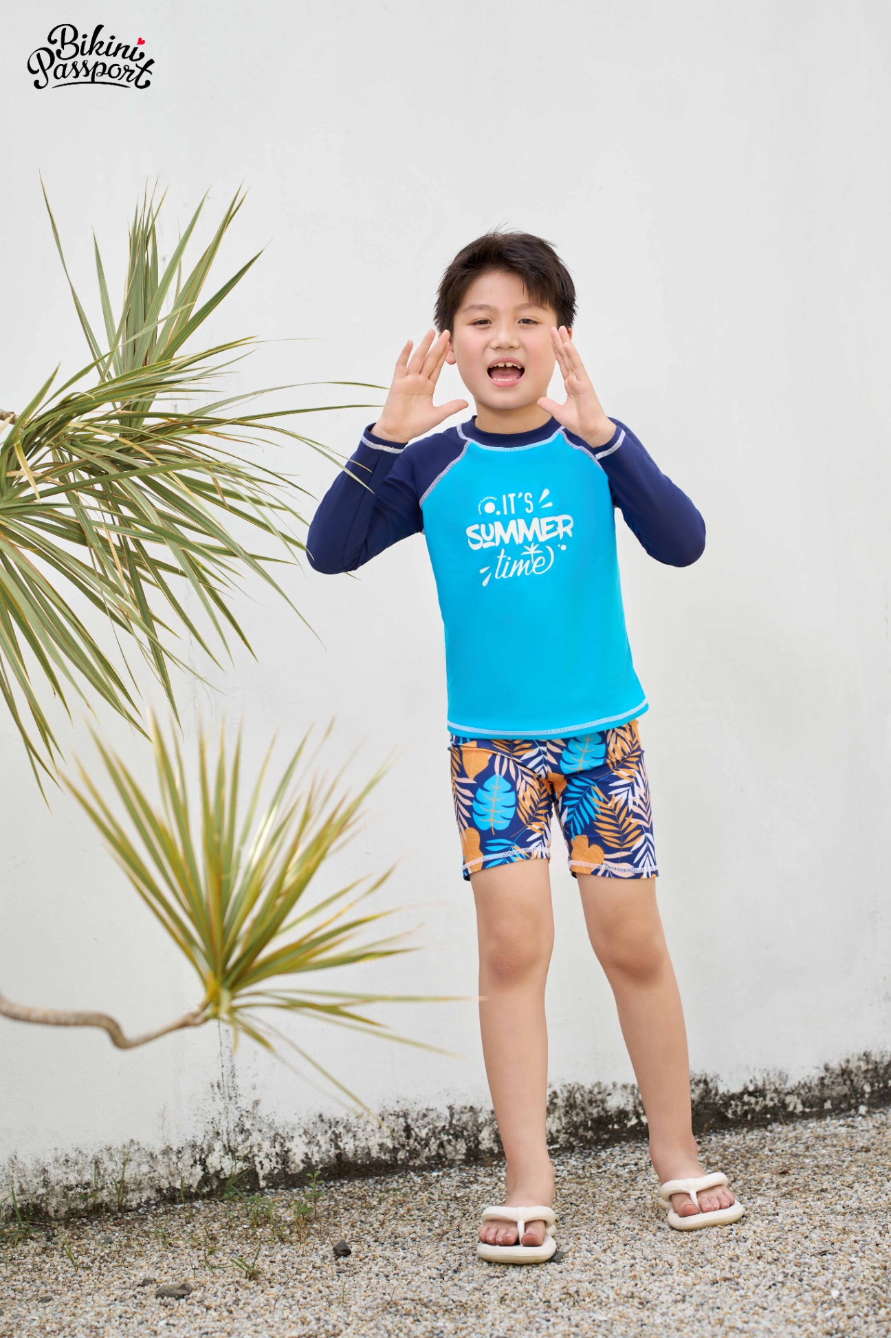 Đồ bơi bé Trai quần lửng, áo dài - Xanh họa tiết
