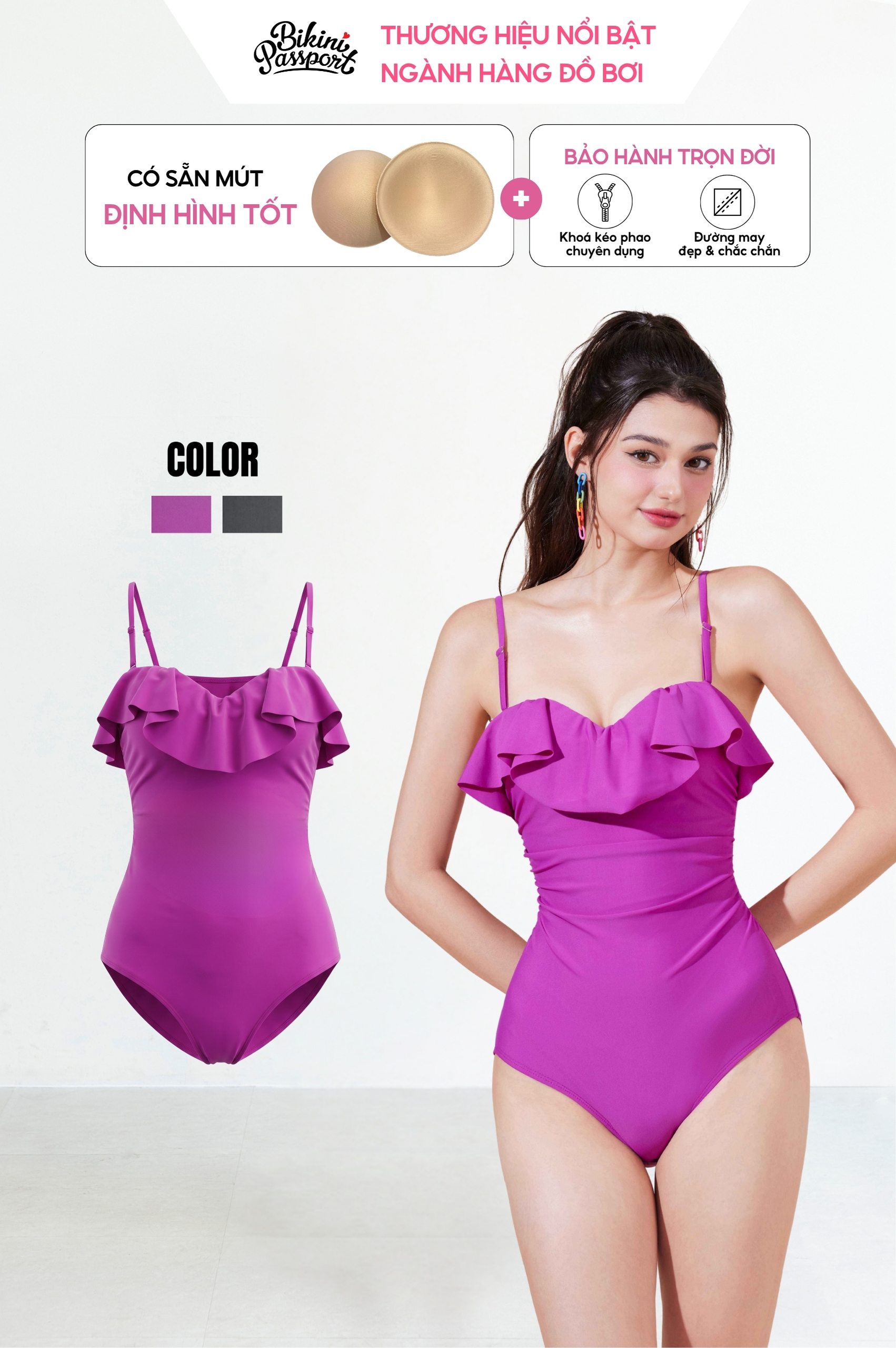 Đồ bơi bèo ngực kiểu liền thân - Tím