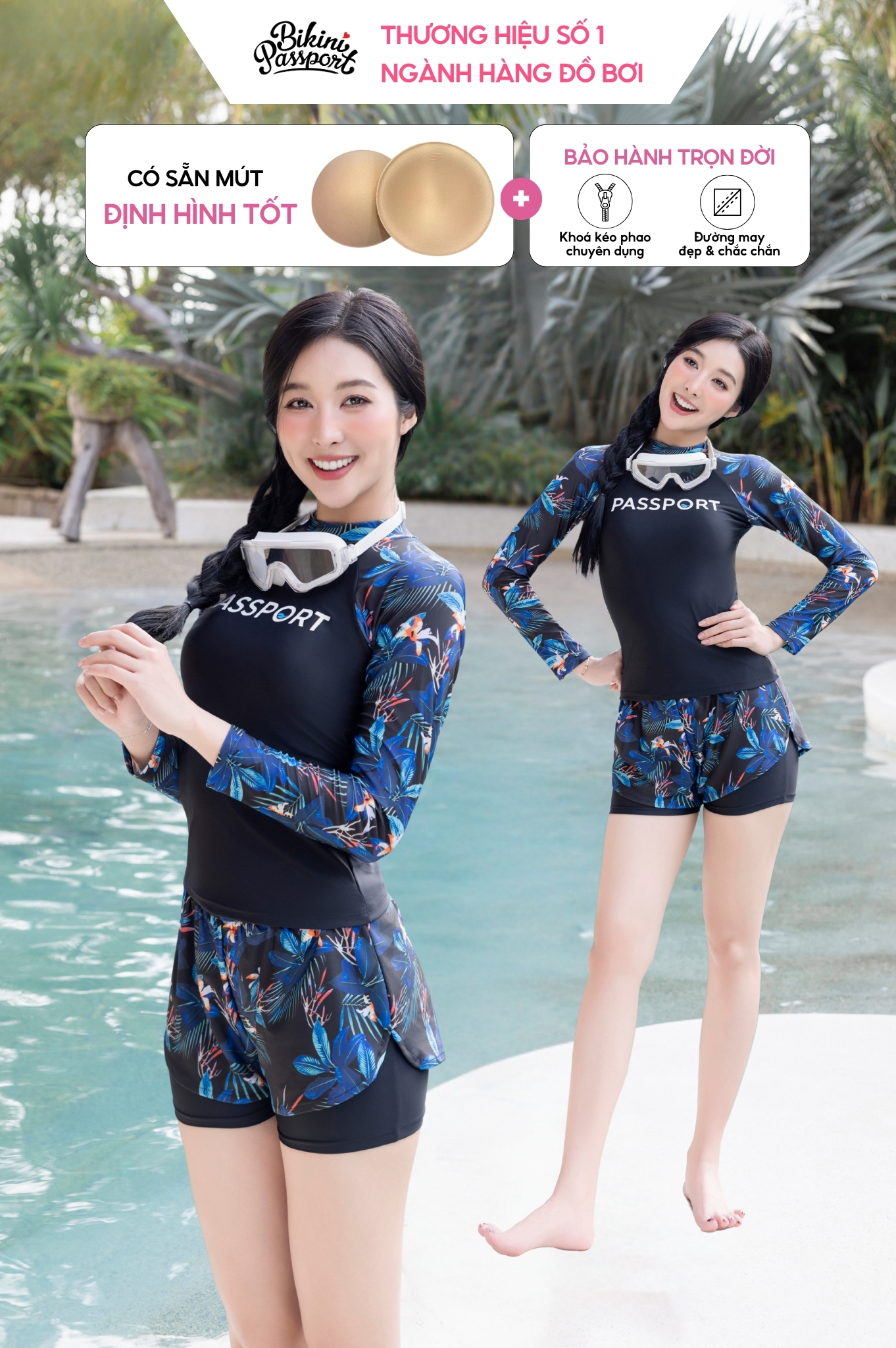 Đồ bơi hai mảnh short, áo tay dài Logo - Đen Hoa lá