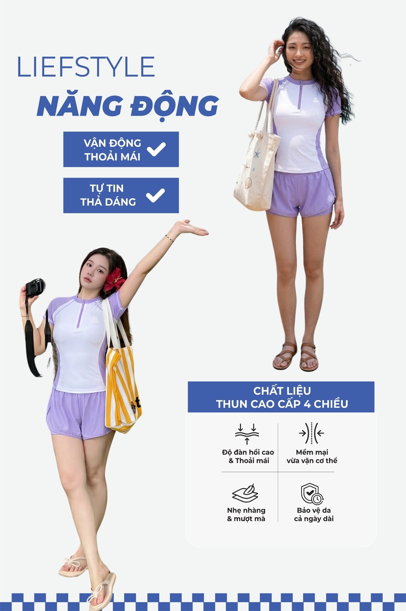 Đồ bơi hai mảnh tay ngắn short 2 lớp DTF - Tím