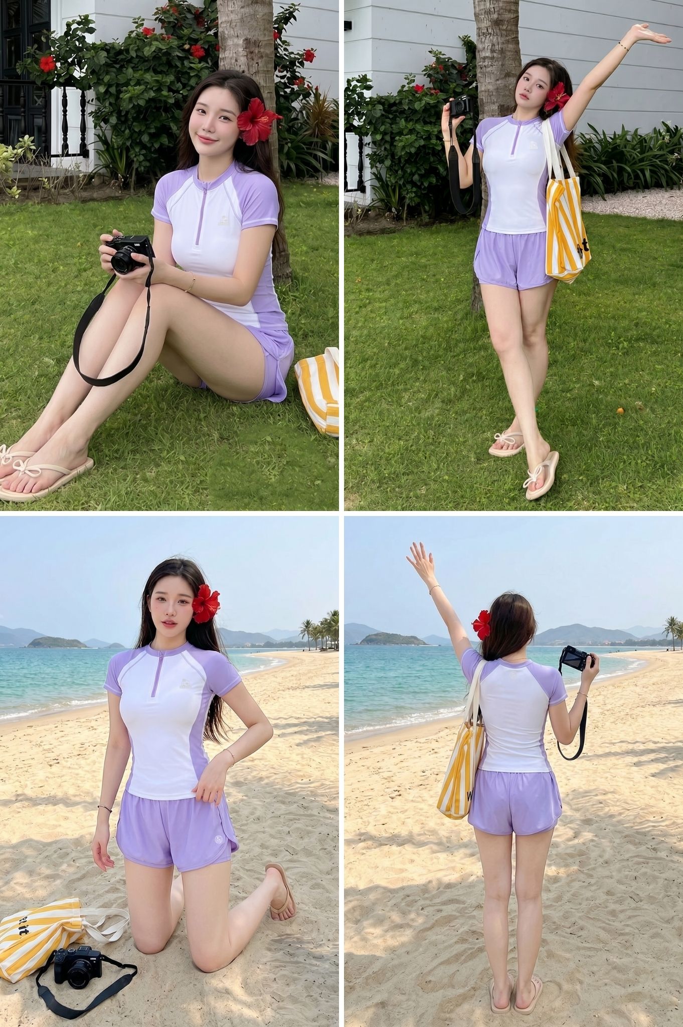 Đồ bơi hai mảnh tay ngắn short 2 lớp DTF - Tím