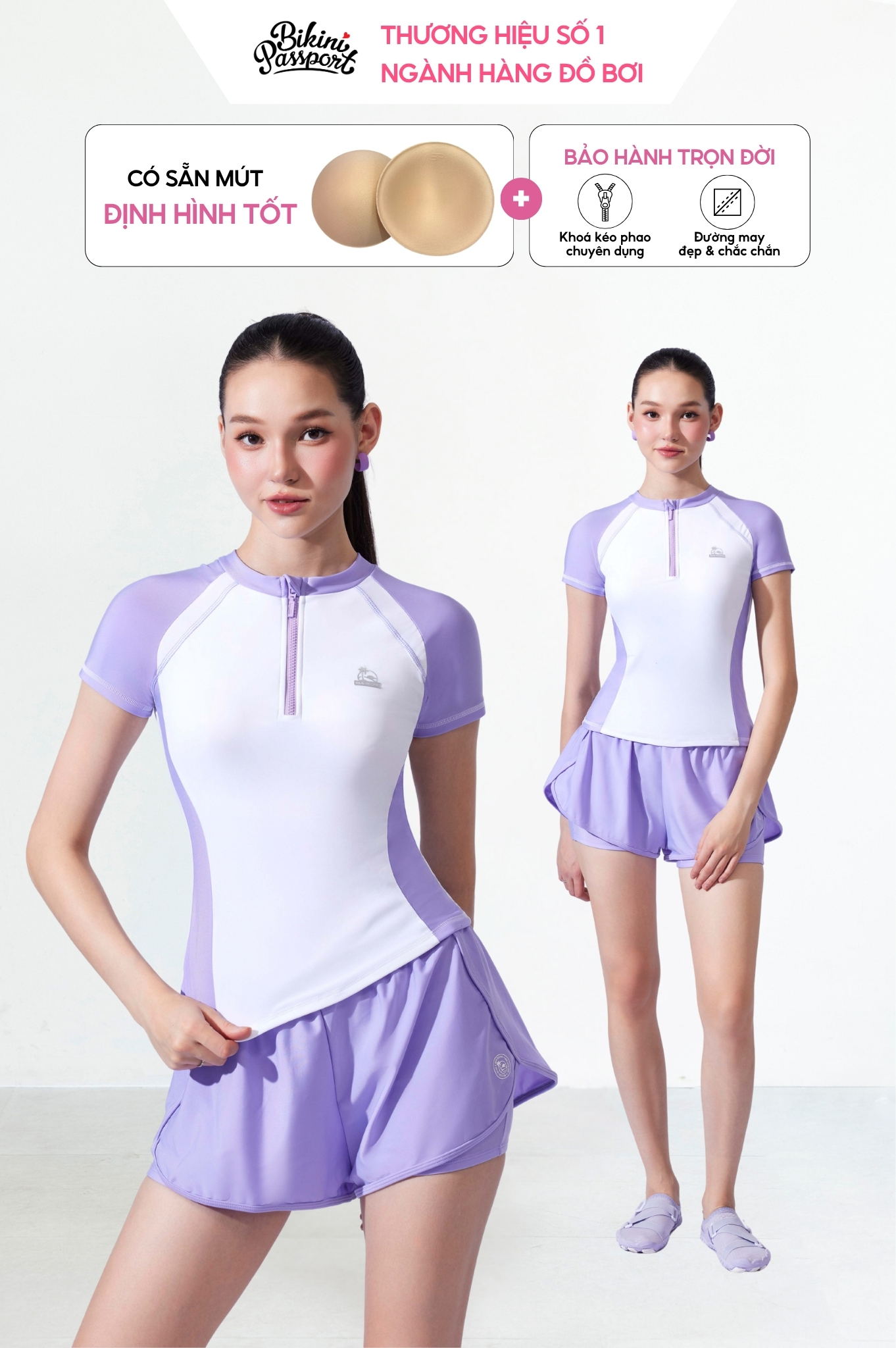 Đồ bơi hai mảnh tay ngắn short 2 lớp DTF - Tím - XL