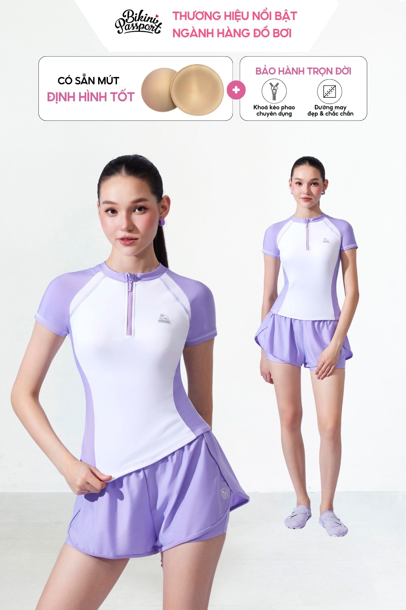 Đồ bơi hai mảnh tay ngắn short 2 lớp DTF - Tím