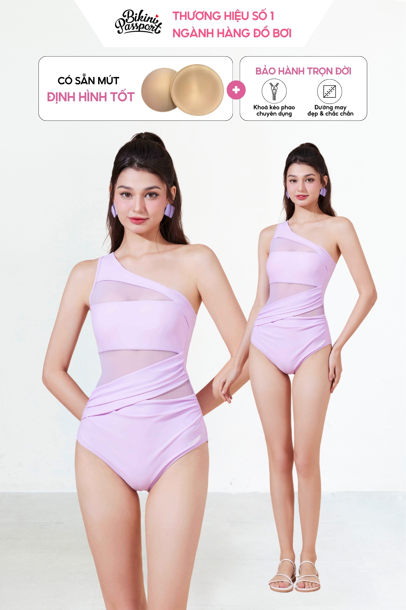 Đồ bơi lệch vai phối lưới - Tím