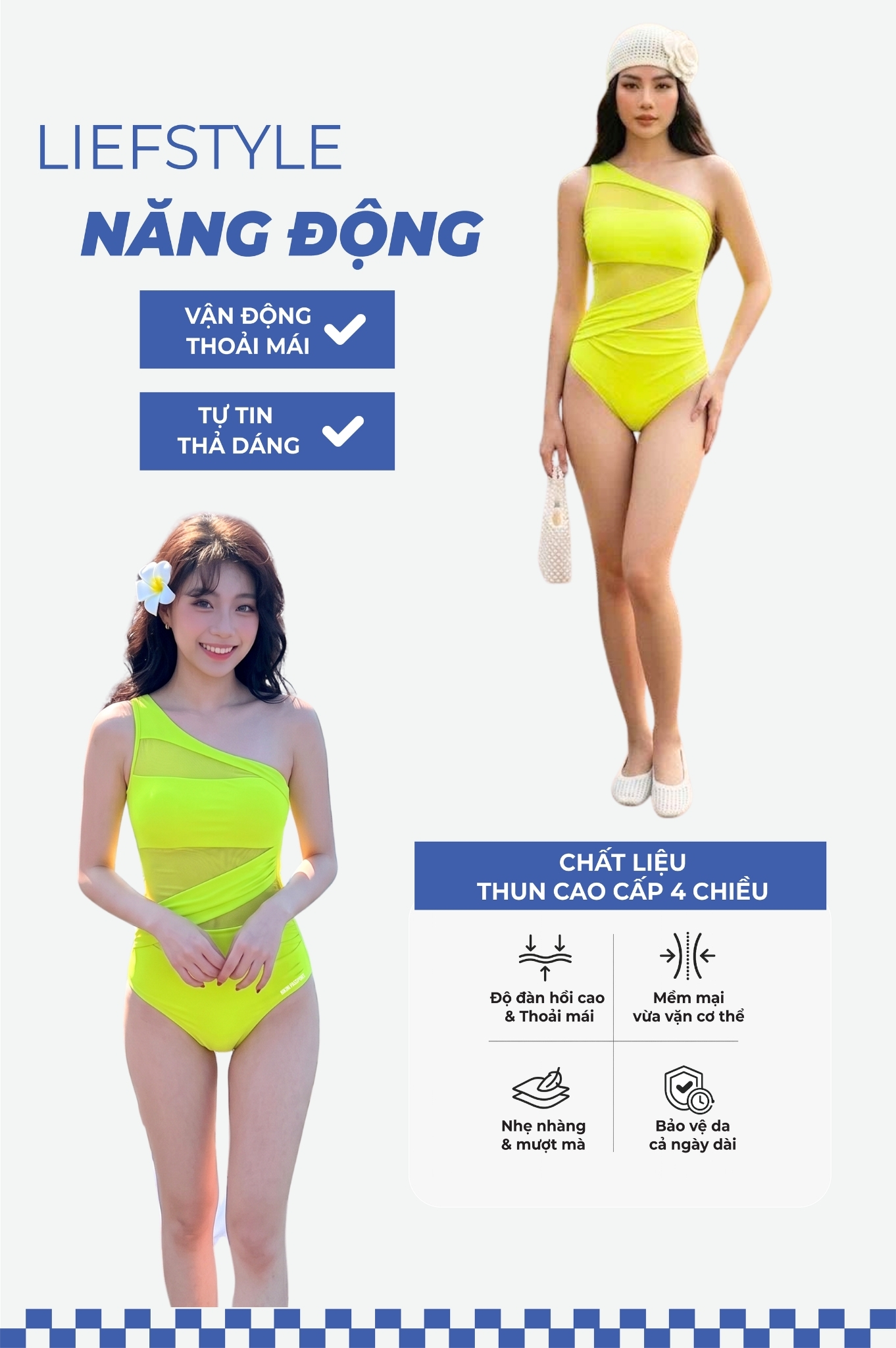 Đồ bơi lệch vai phối lưới - Xanh