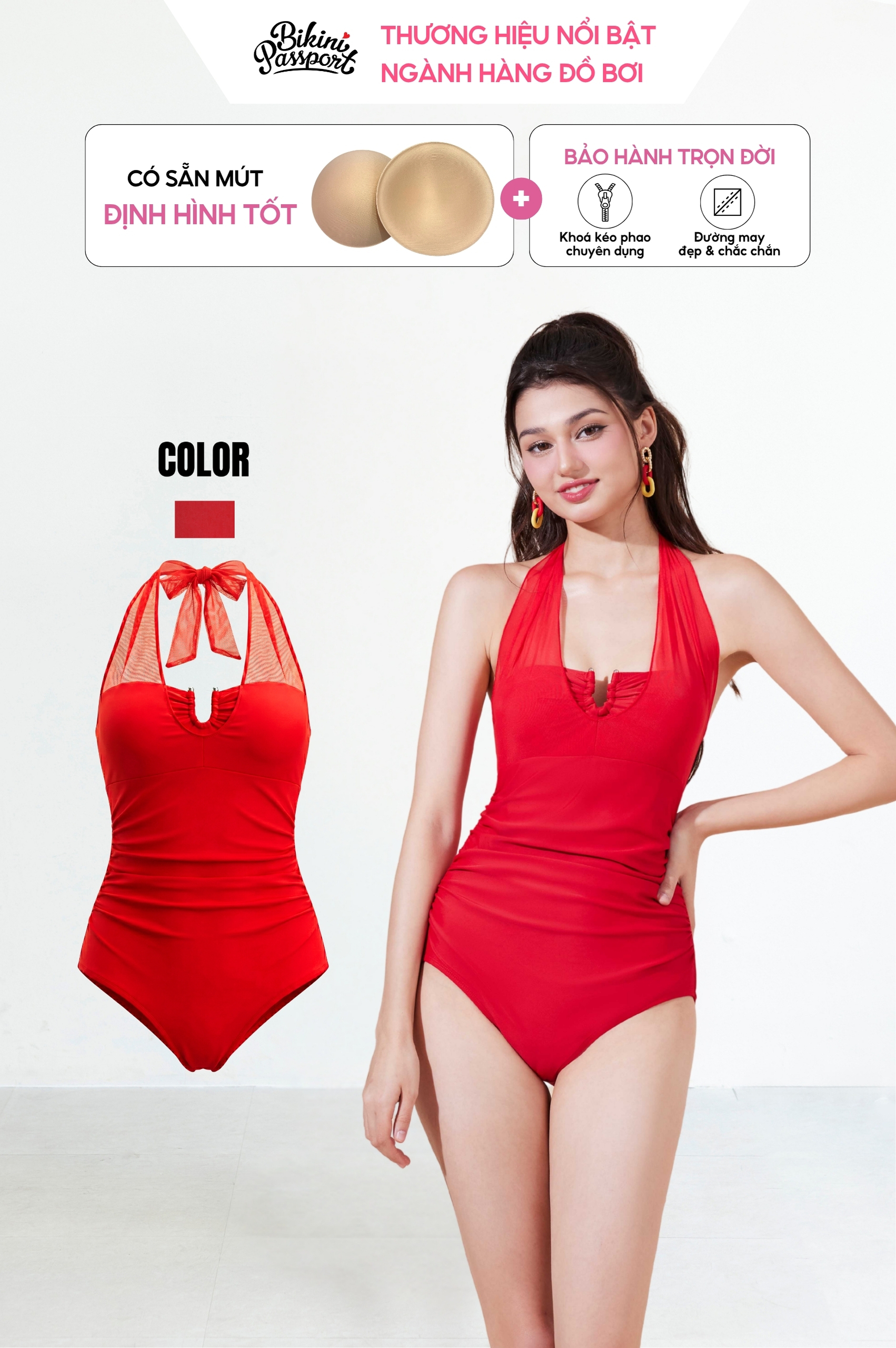 Đồ bơi liền thân phối lưới - Đỏ