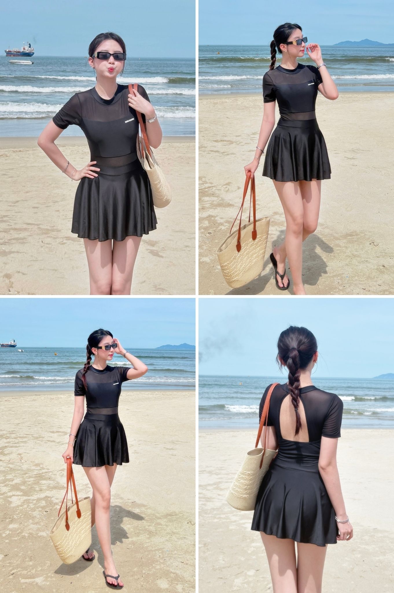 Đồ bơi một mảnh phối lưới - Đen