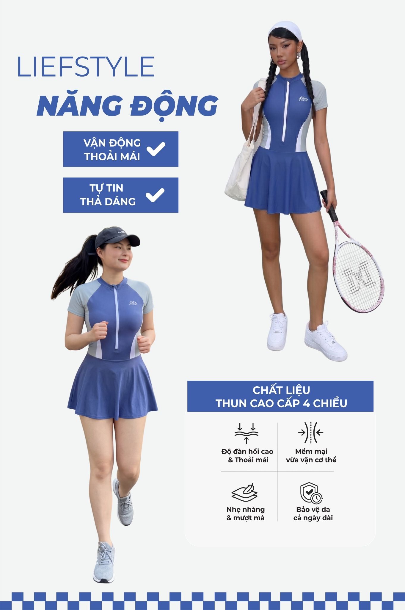 Đồ bơi một mảnh tay ngắn - Xanh xám