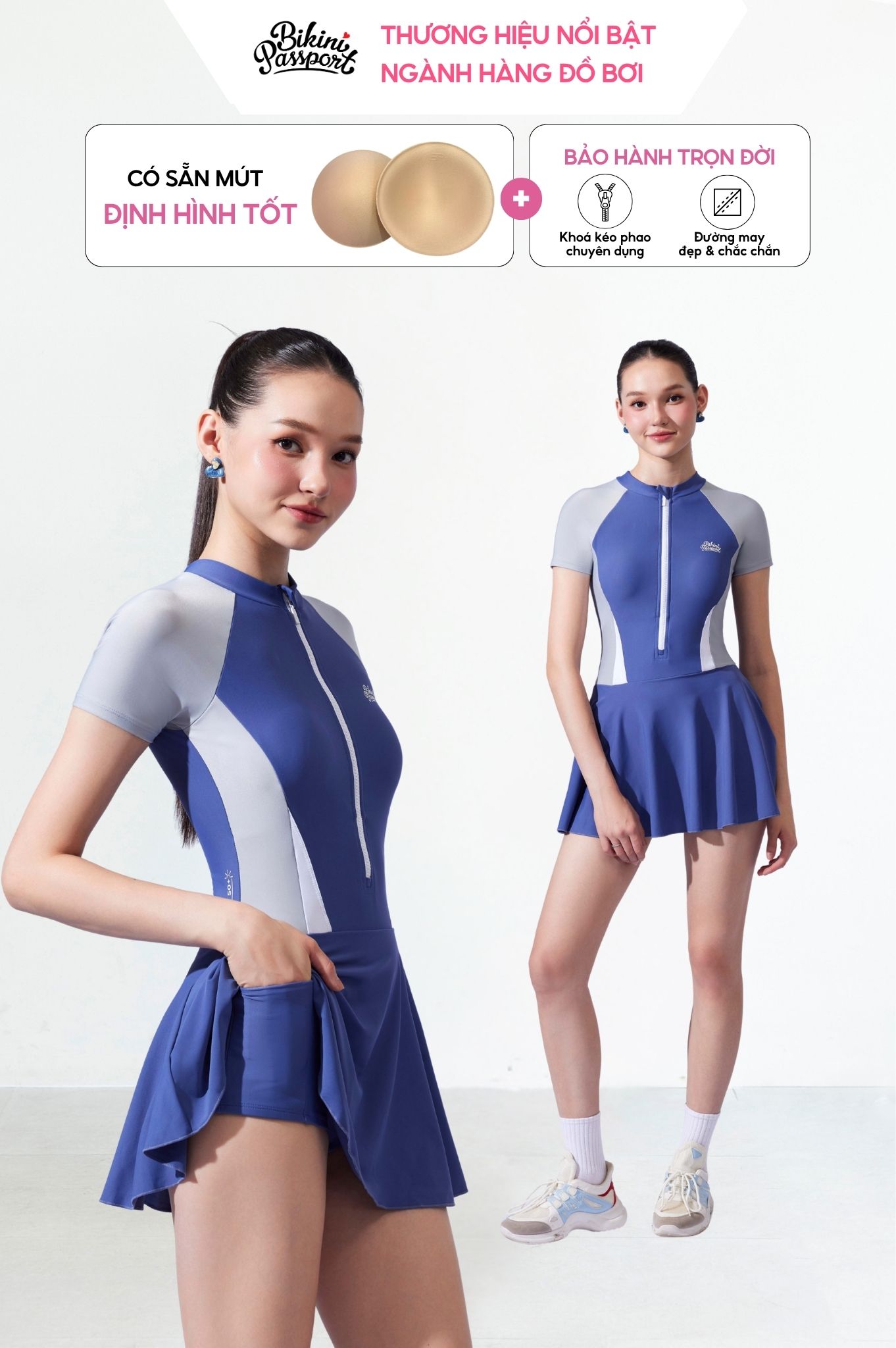 Đồ bơi một mảnh tay ngắn - Xanh xám