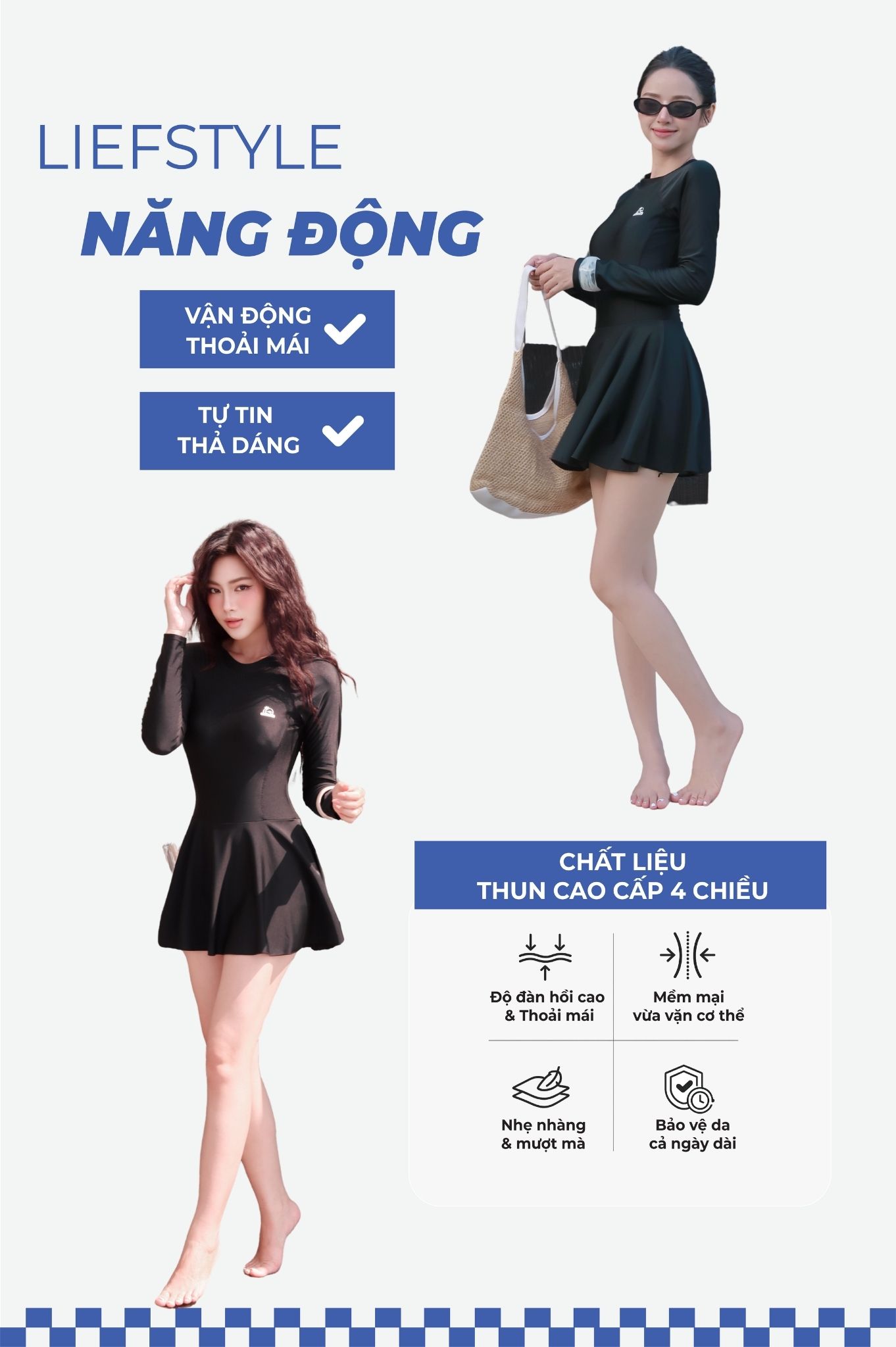 Đồ bơi một mảnh váy áo tay dài DTF - Đen