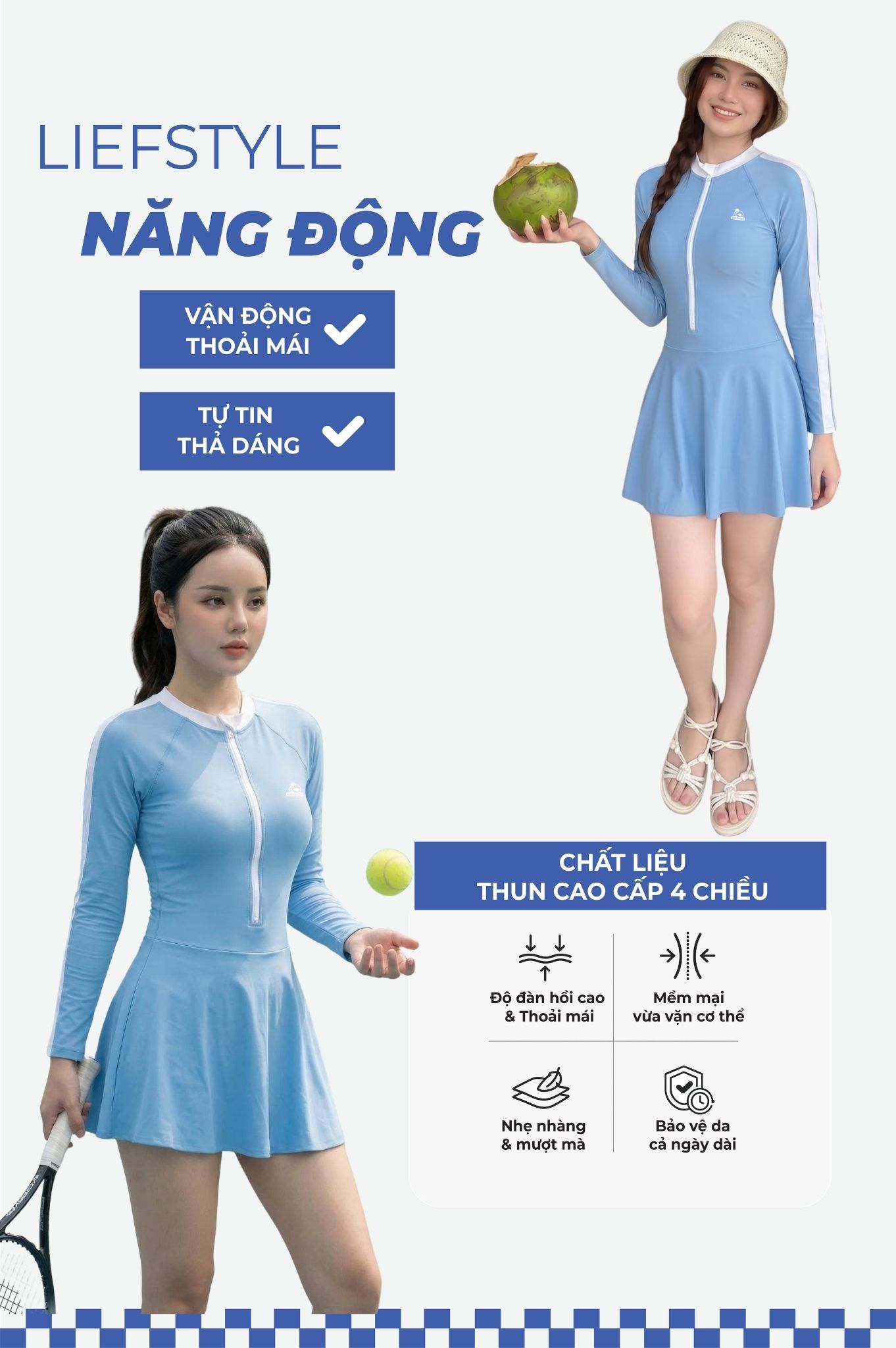 Đồ bơi một mảnh váy áo tay dài DTF - Xanh da trời