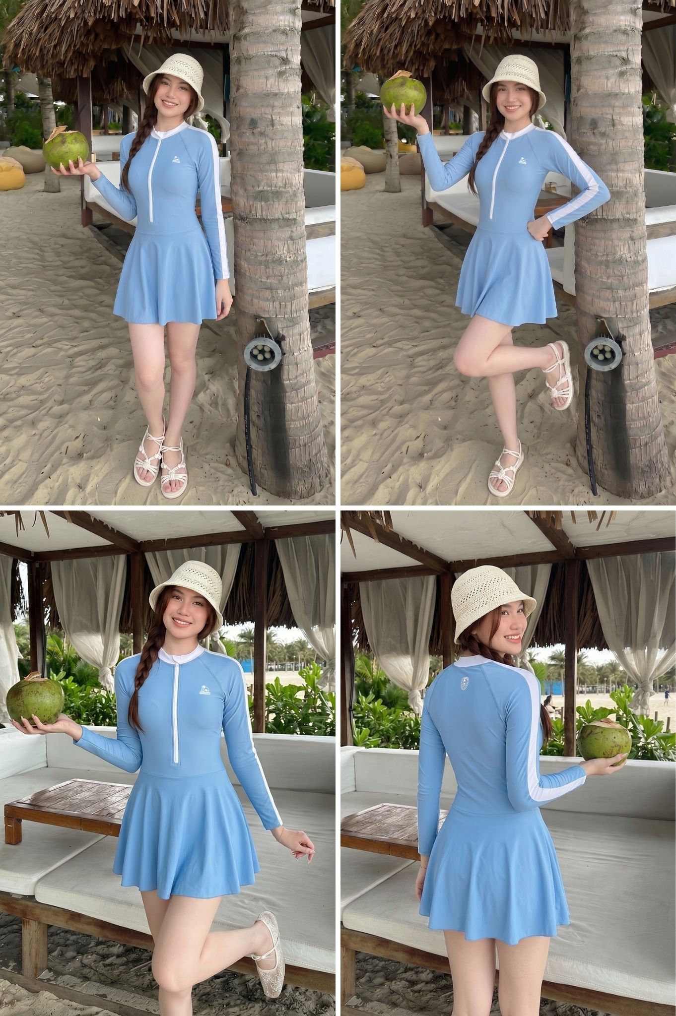 Đồ bơi một mảnh váy áo tay dài DTF - Xanh da trời