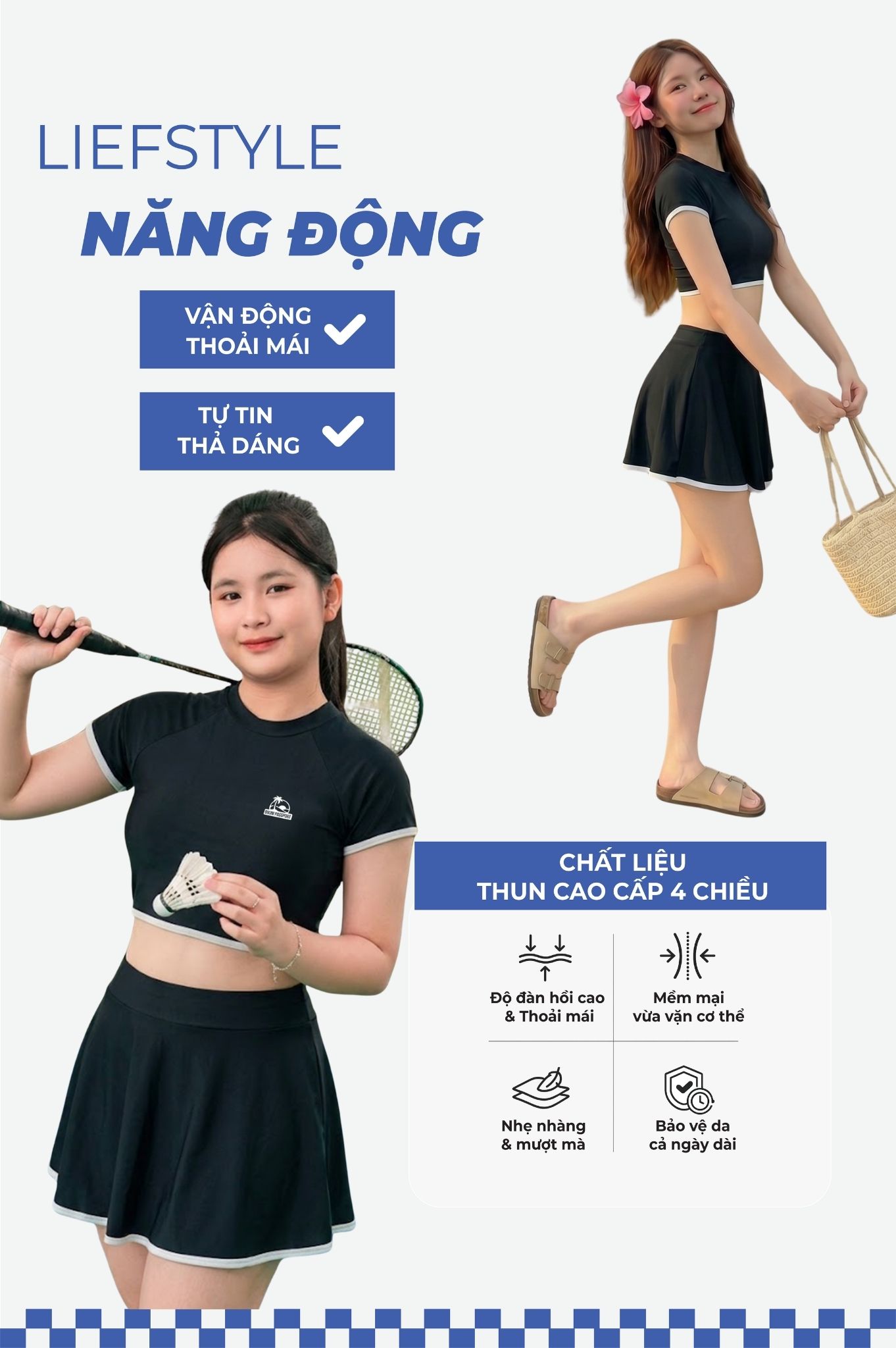 Hai mảnh LC dạng váy, áo tay ngắn có logo - Đen