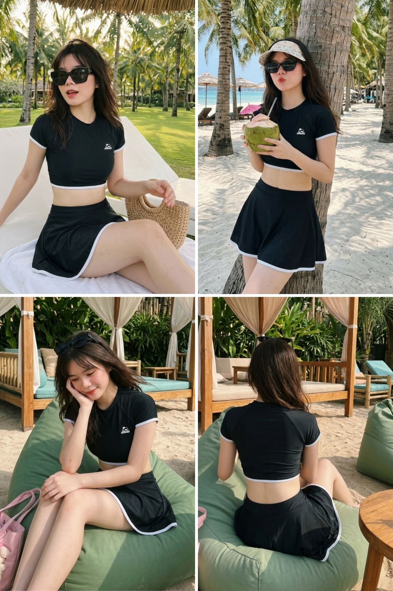 Hai mảnh LC dạng váy, áo tay ngắn có logo - Đen