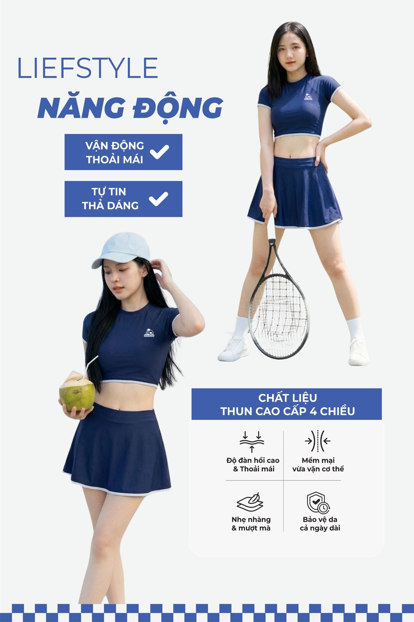 Hai mảnh LC dạng váy, áo tay ngắn có logo - Xanh Đen