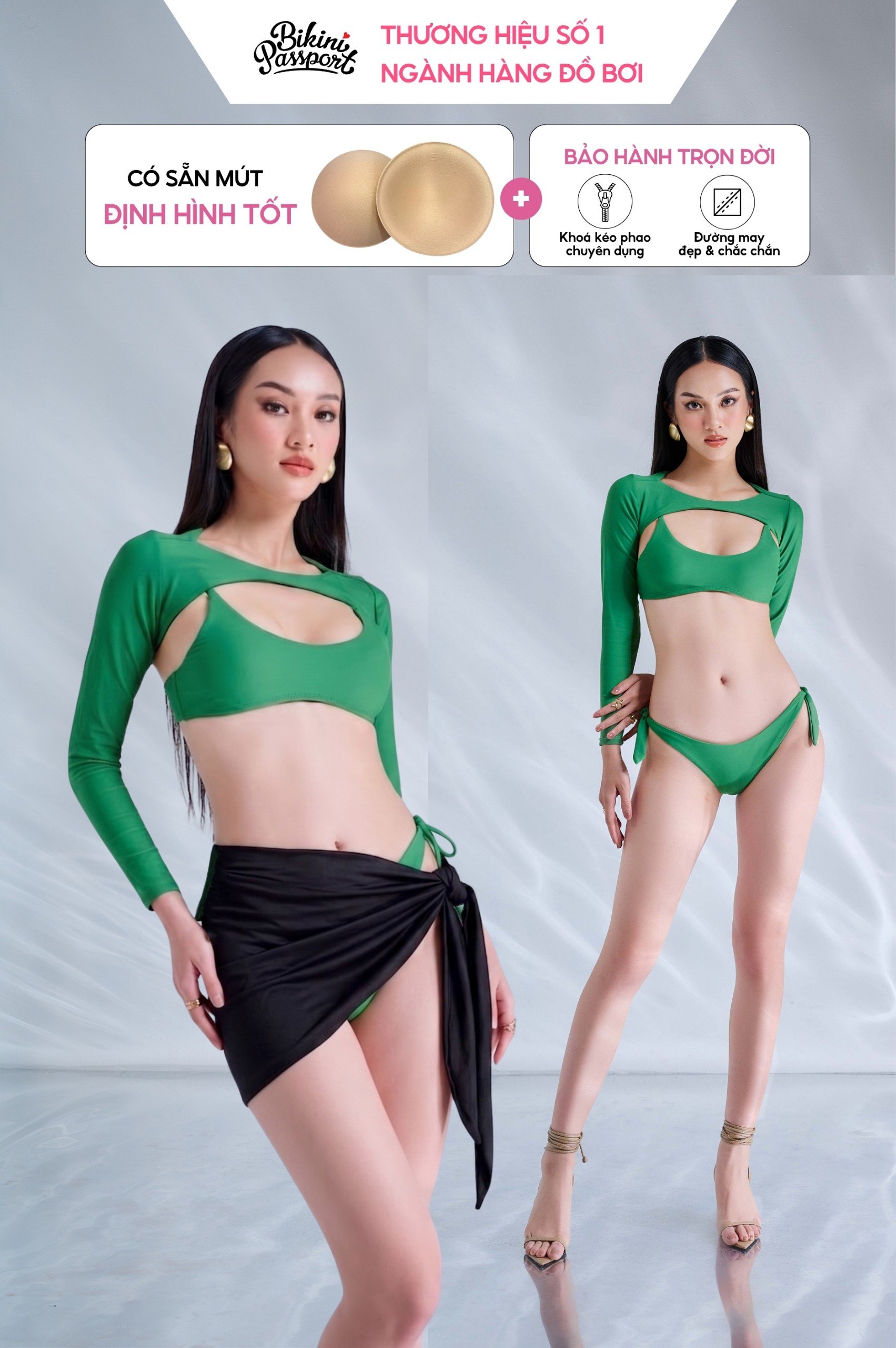 Hai mảnh áo chữ U phối áo cover tay dài sexy - Xanh lá cây