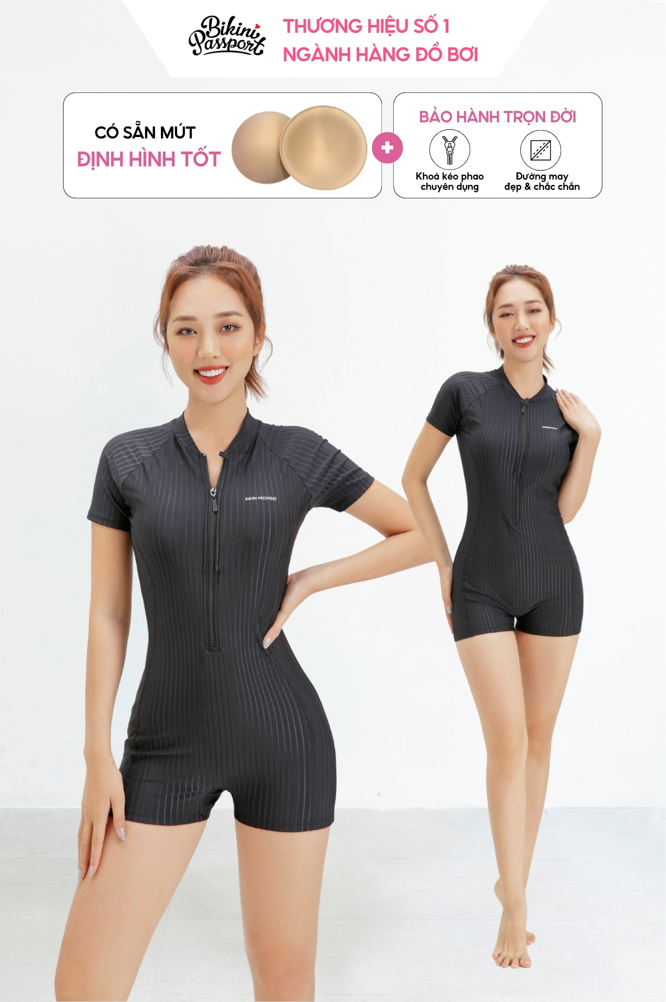 Một mảnh short, áo tay ngắn có khóa - Gân Đen