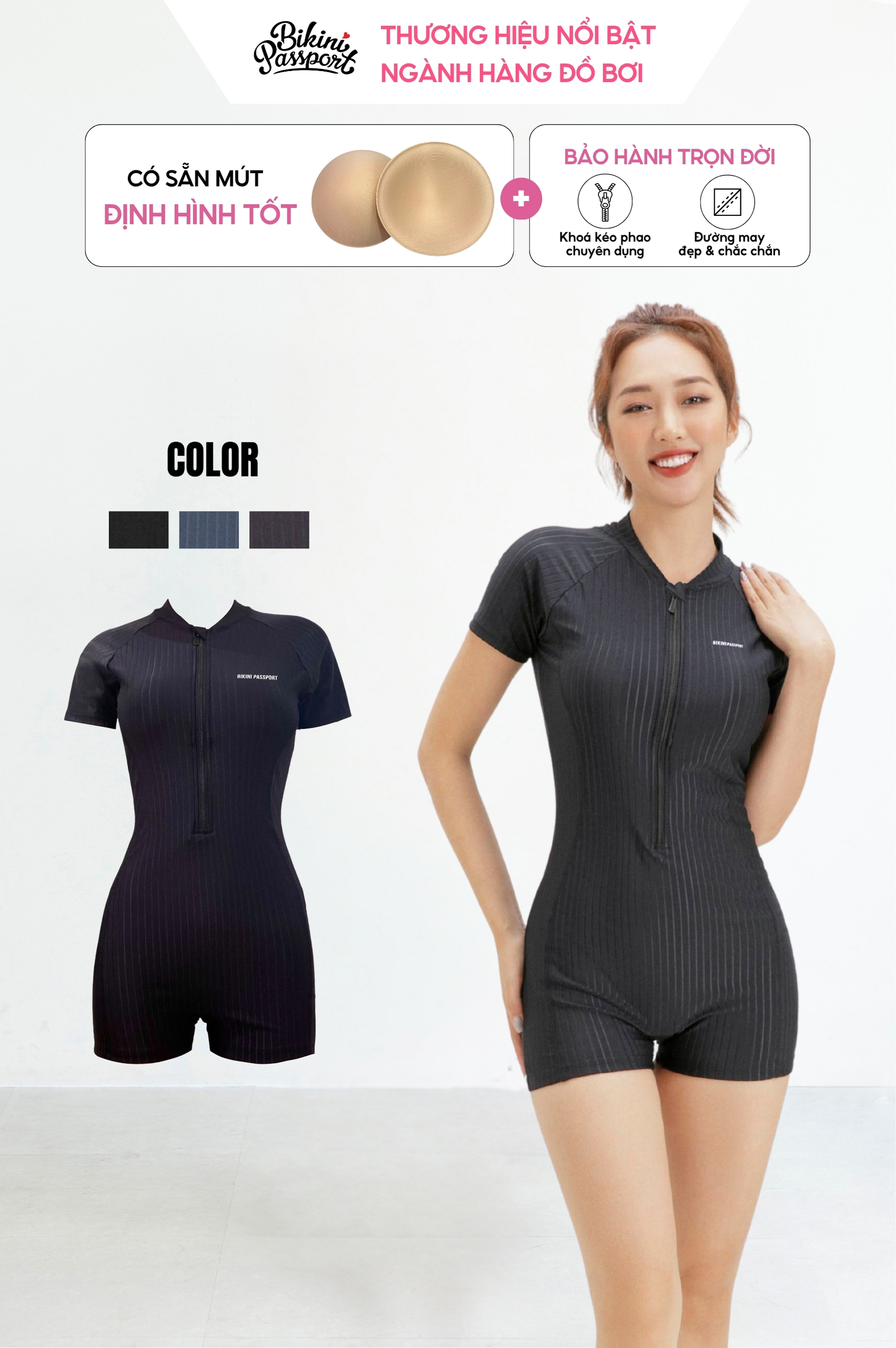 Một mảnh short, áo tay ngắn có khóa - Gân Đen