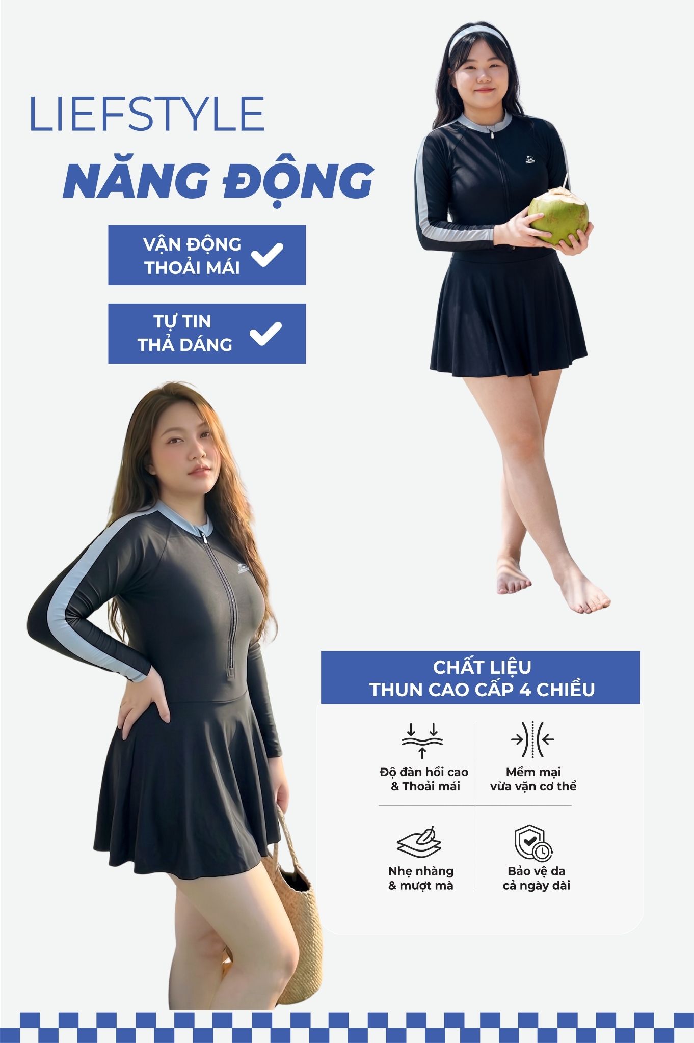 Một mảnh tay dài dạng váy có khóa & logo - Đen