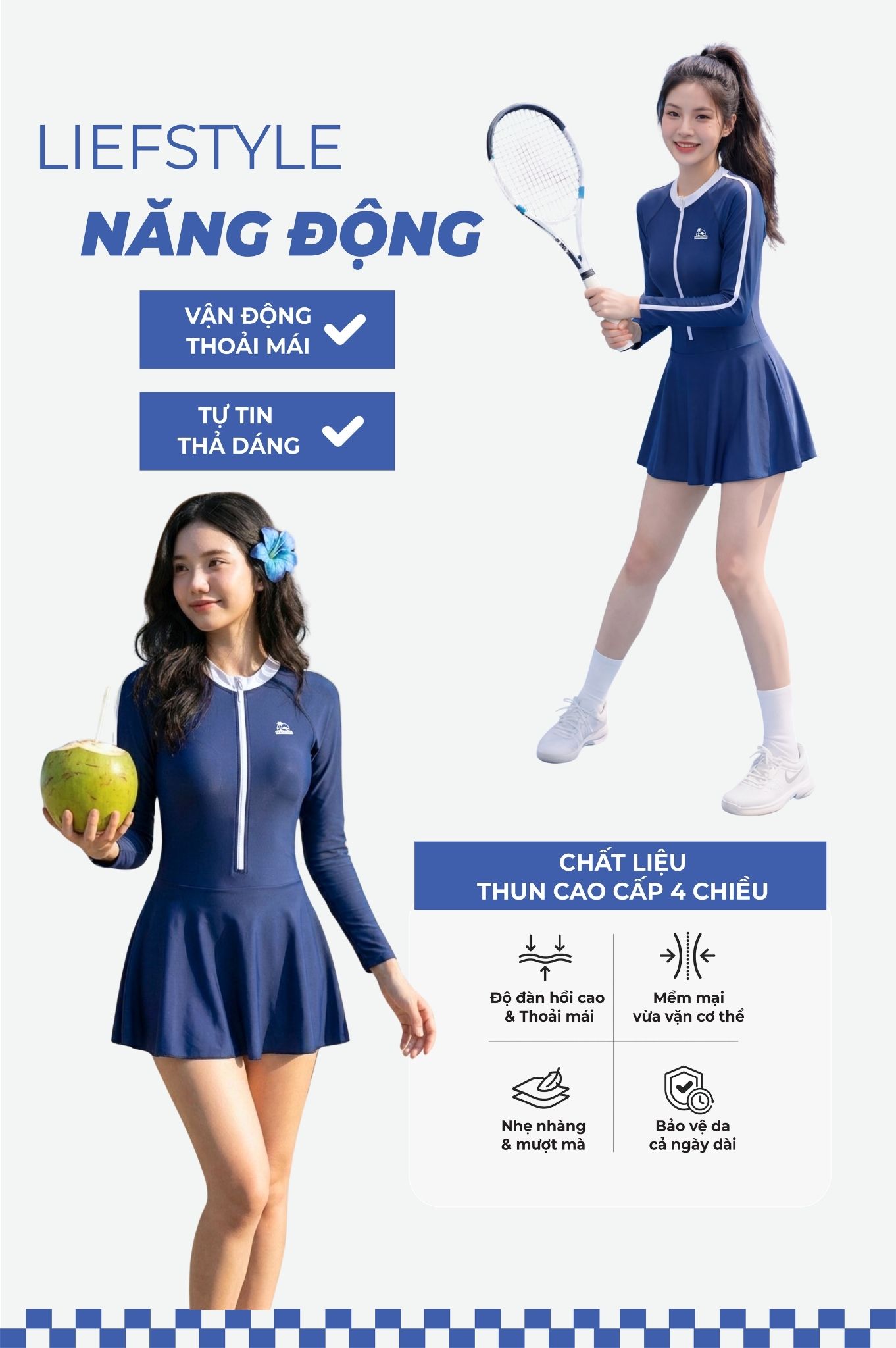 Một mảnh tay dài dạng váy có khóa & logo - Xanh Navy