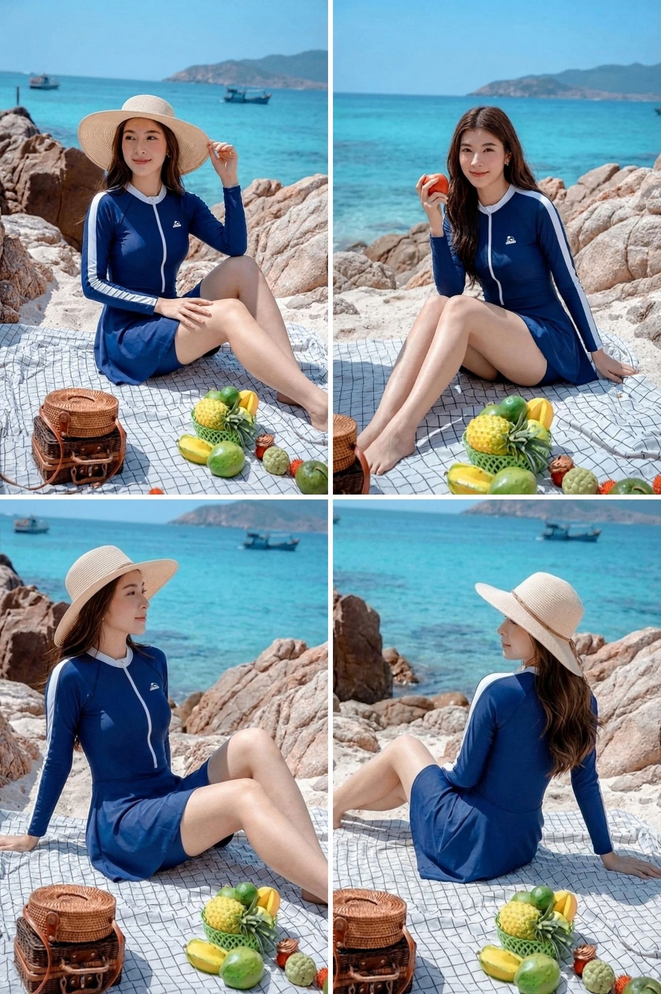 Một mảnh tay dài dạng váy có khóa & logo - Xanh Navy