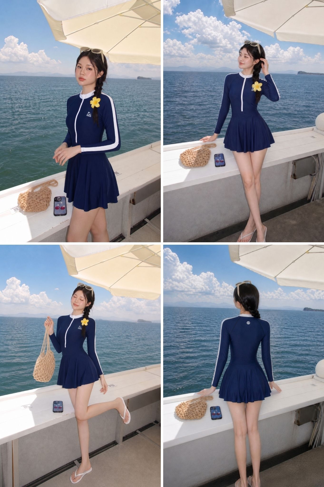 Một mảnh tay dài dạng váy có khóa & logo - Xanh Navy