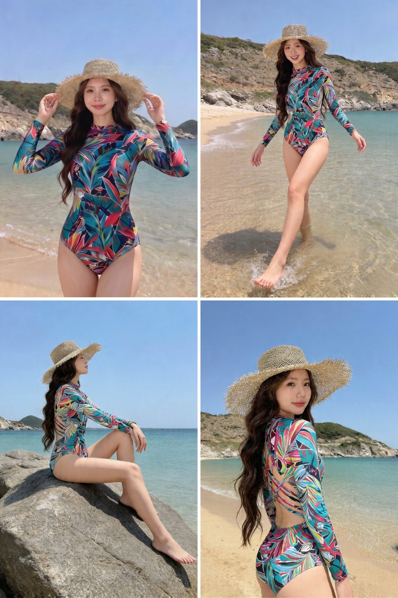 Một mảnh tay dài lưng phối dây cách điệu - Floral