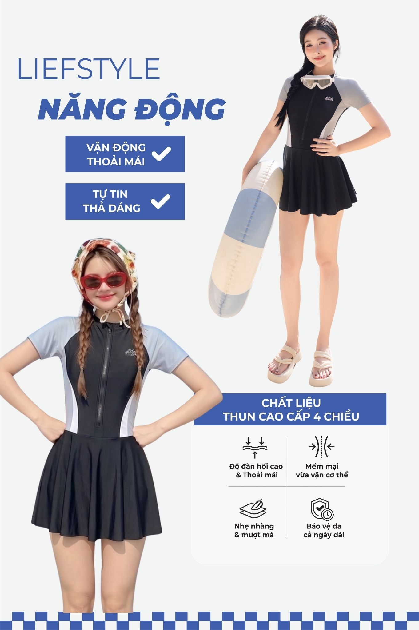 Một mảnh tay ngắn dạng váy có khóa & logo - Đen
