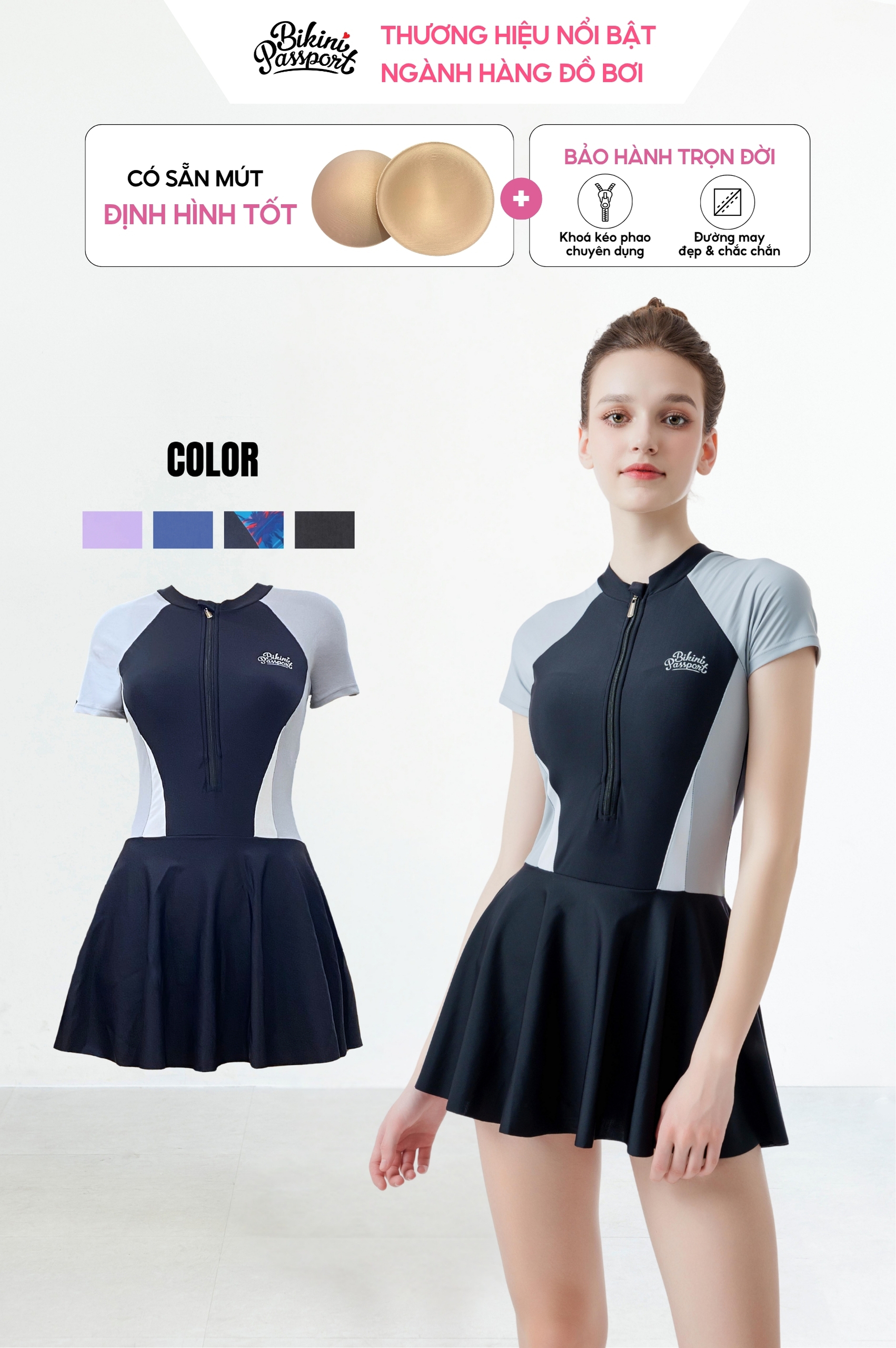 Một mảnh tay ngắn dạng váy có khóa & logo - Đen