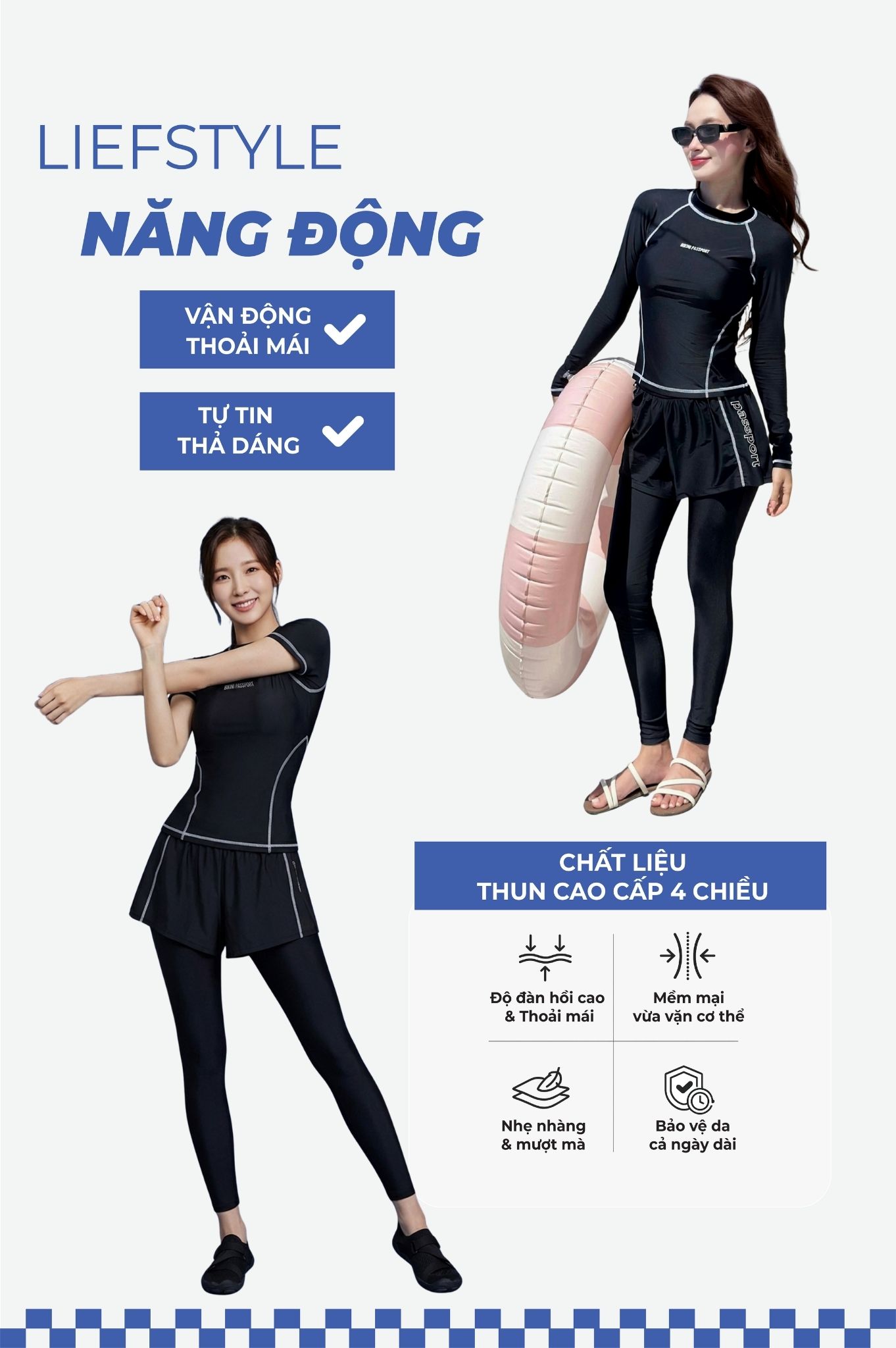 Quần bơi 2 lớp quần dài - Đen Trắng
