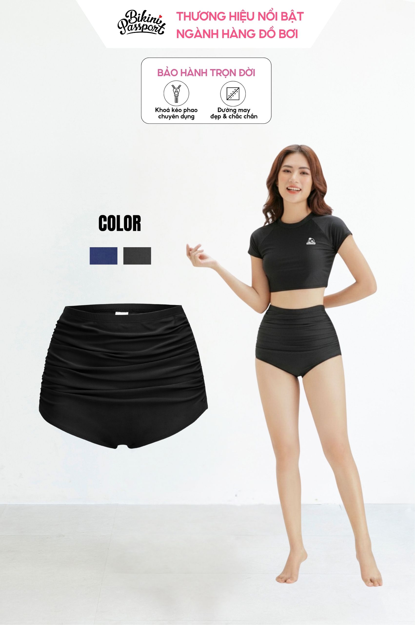 Quần bơi nữ xếp ly che bụng - Đen