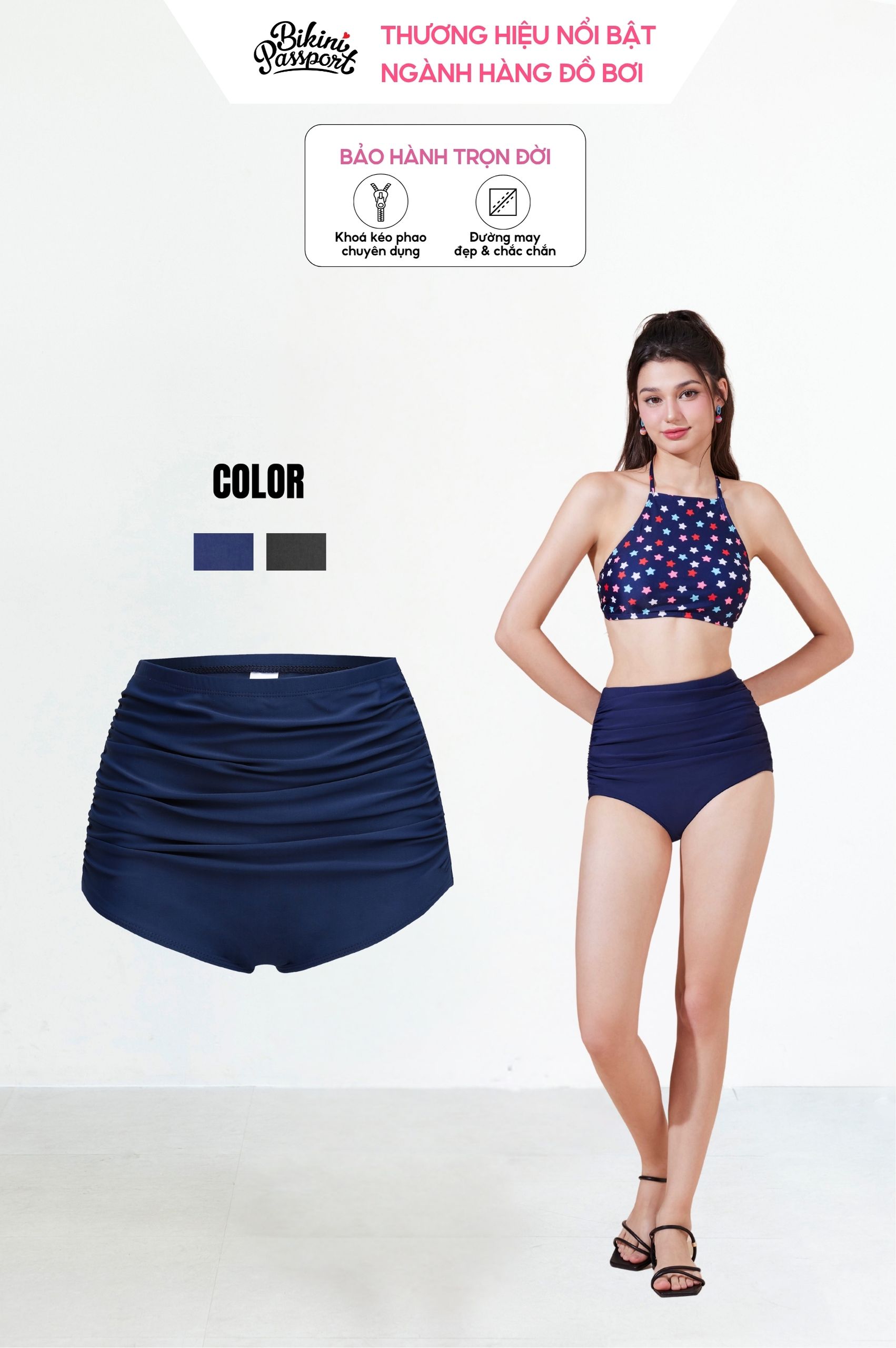 Quần bơi nữ xếp ly che bụng - Xanh navy