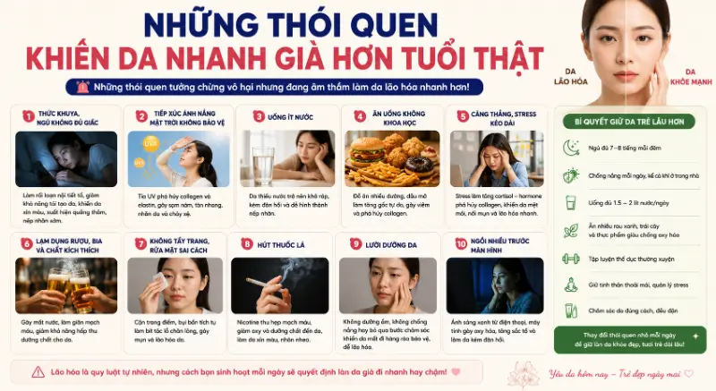 Những Thói Quen Khiến Da Nhanh Già Hơn Tuổi Thật Bạn Cần Bỏ Ngay 2026