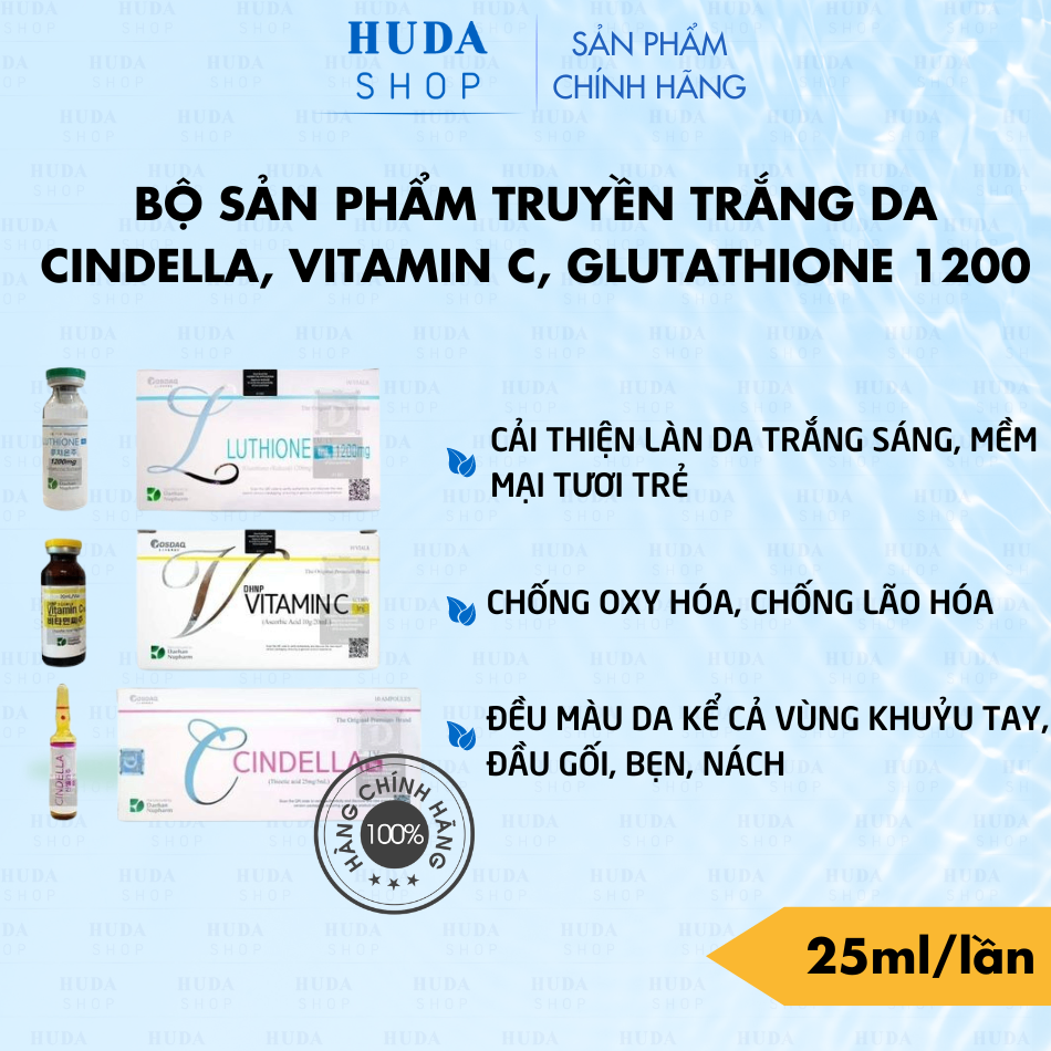 Bộ sản phẩm truyền trắng da Cindella Thiotic Acid, Vitamin C, Glutathione