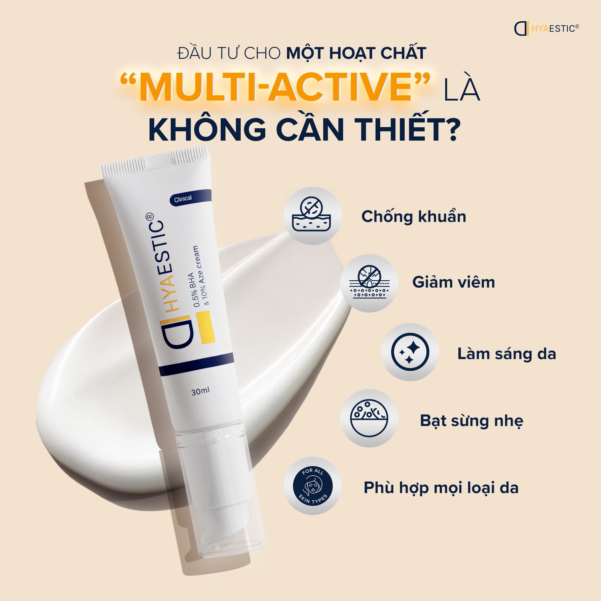 Kem trẻ hóa, giảm sần, hỗ trợ thu nhỏ lỗ chân lông, sáng da và điều trị mụn Hyaestic 0,5% BHA & 10% Aze Cream (30ml)